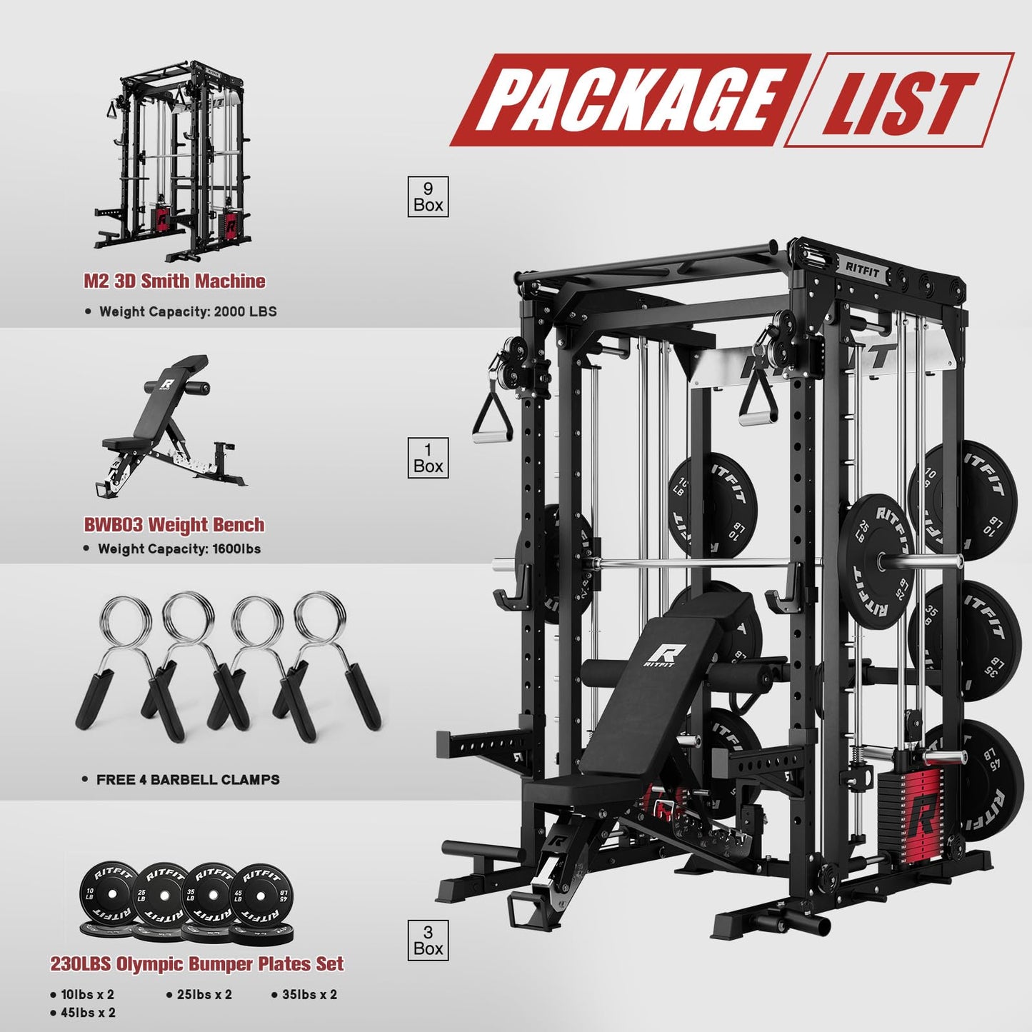 RitFit M2 Smith Machine with Cable Crossover System, 3D Functional Trainer & Power Cage, 16 Adjustment Holes, 6 Storage Pegs for Full-Body Home Gym(M2 PRO-3D Black with BP230)