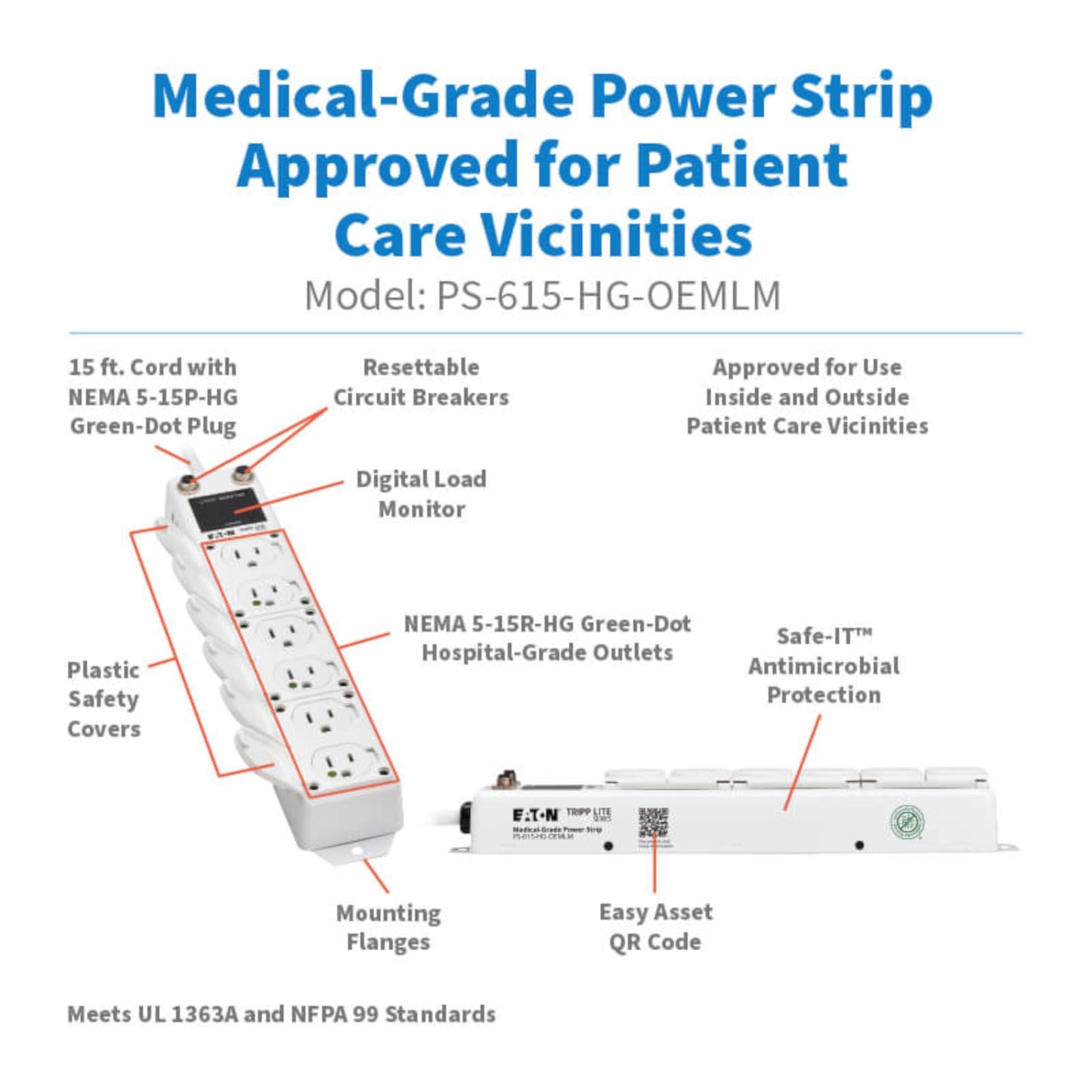 Tripp Lite Eaton Medical Hospital Power Strip for Patient Care Vicinity, UL 1363A Certified, 6 Outlets + 15ft Cord, Cart & IV Pole Mount Option, Lifetime Manufacturer's Warranty (PS-615-HG-OEMLM)