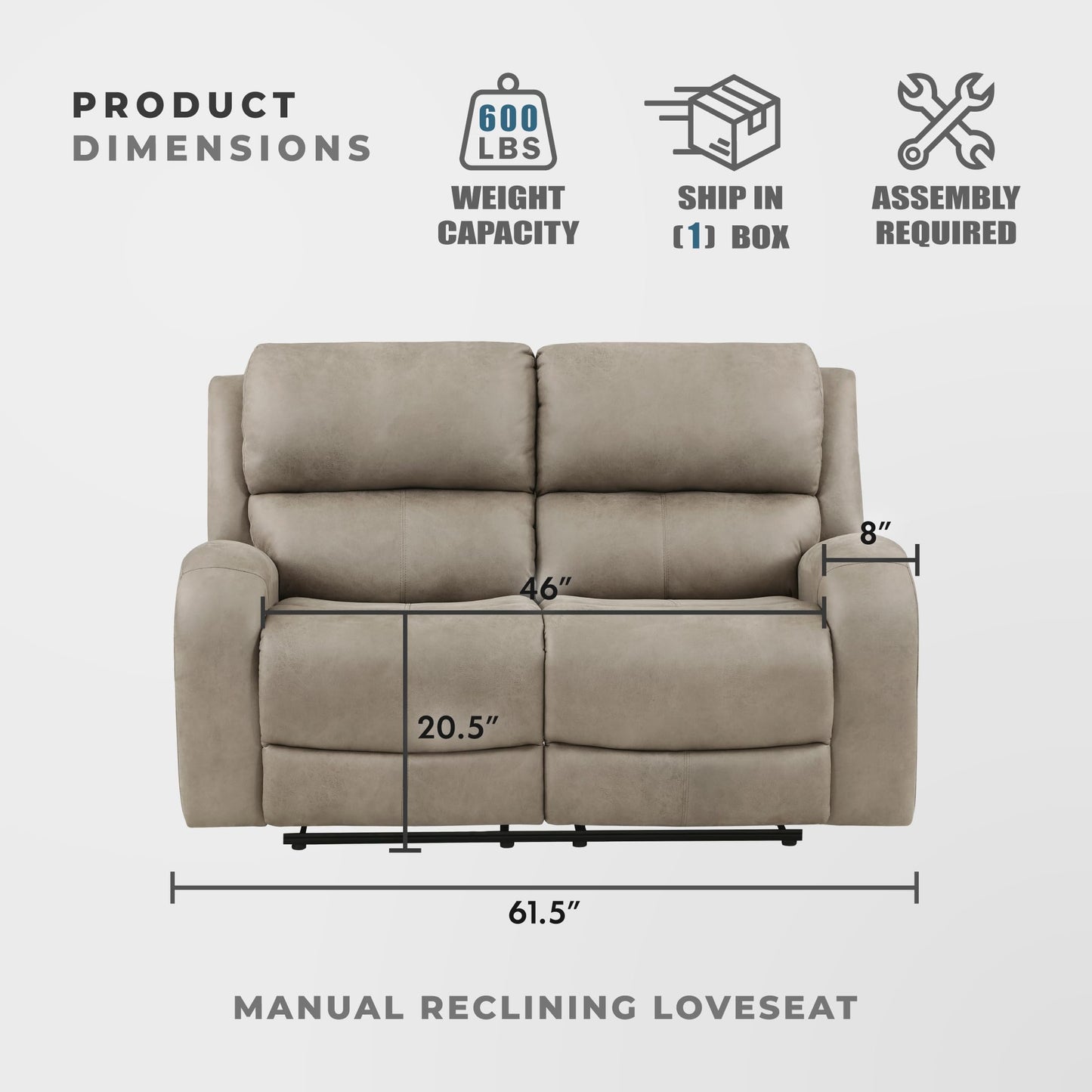 Lexicon Recliner Couch, Wall Hugger Sofa Recliners, Home Theater Seating Dual Reclining Couch, Manual Recliner Couches for Living Room, Bedroom, Office, Apartment, 61.5'' Loveseat Recliner, Brown