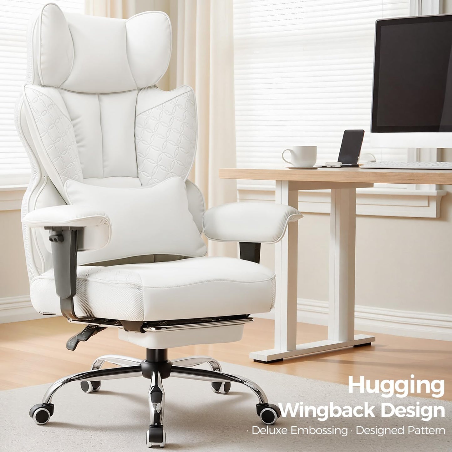 COMHOMA Desk Office Chair Big and Tall Office Chairs Ergonomic Gaming Chairs with Wide Seat Leather High Back Chair with Foot Rest Adjustable Armrests Pocket Spring Lumbar Support
