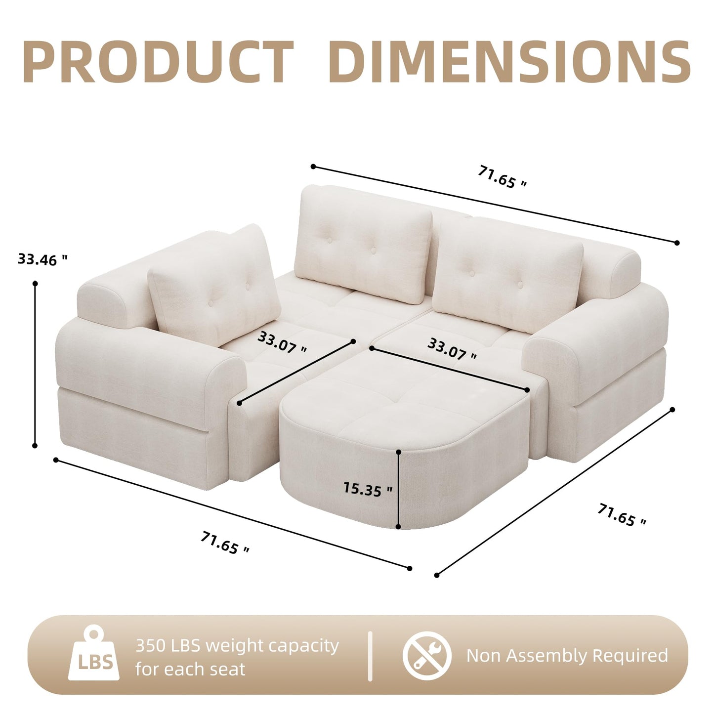 112" Compressed Boneless Sectional Sofa with Movable Ottoman Convertible L Shaped Modular Corner Couch for Living Room - Oversized Cloud Couches W/Tufted Cushions and Deep Seat