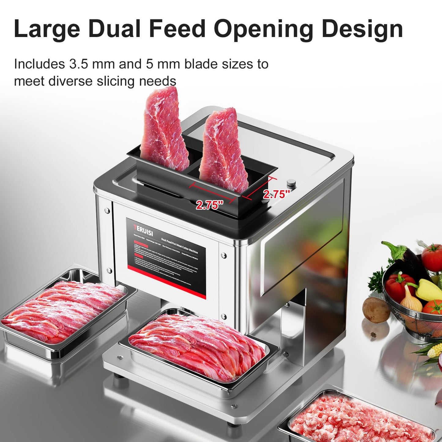 TERUISI Commercial Meat Cutter Machine, 950W Dual-Port Electric Meat Cutter 3.5mm&5mm Slicing Output 450 LBS/H, Meat Slicer with Removable Blade for Boneless Beef Chicken Soft Vegetables