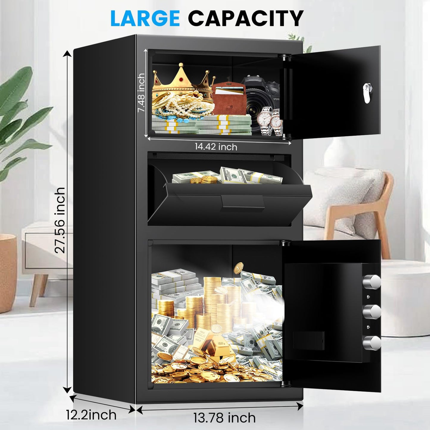 6.0 Cu ft Large Safe with Drop Slot, Anti-Theft Drop Safe Box with Quick Place Slot, Digital Keypad, Spare Keys&Smart Alarm, Heavy-duty Depository Drop Safes for Cash Business Retail Mail Church Home