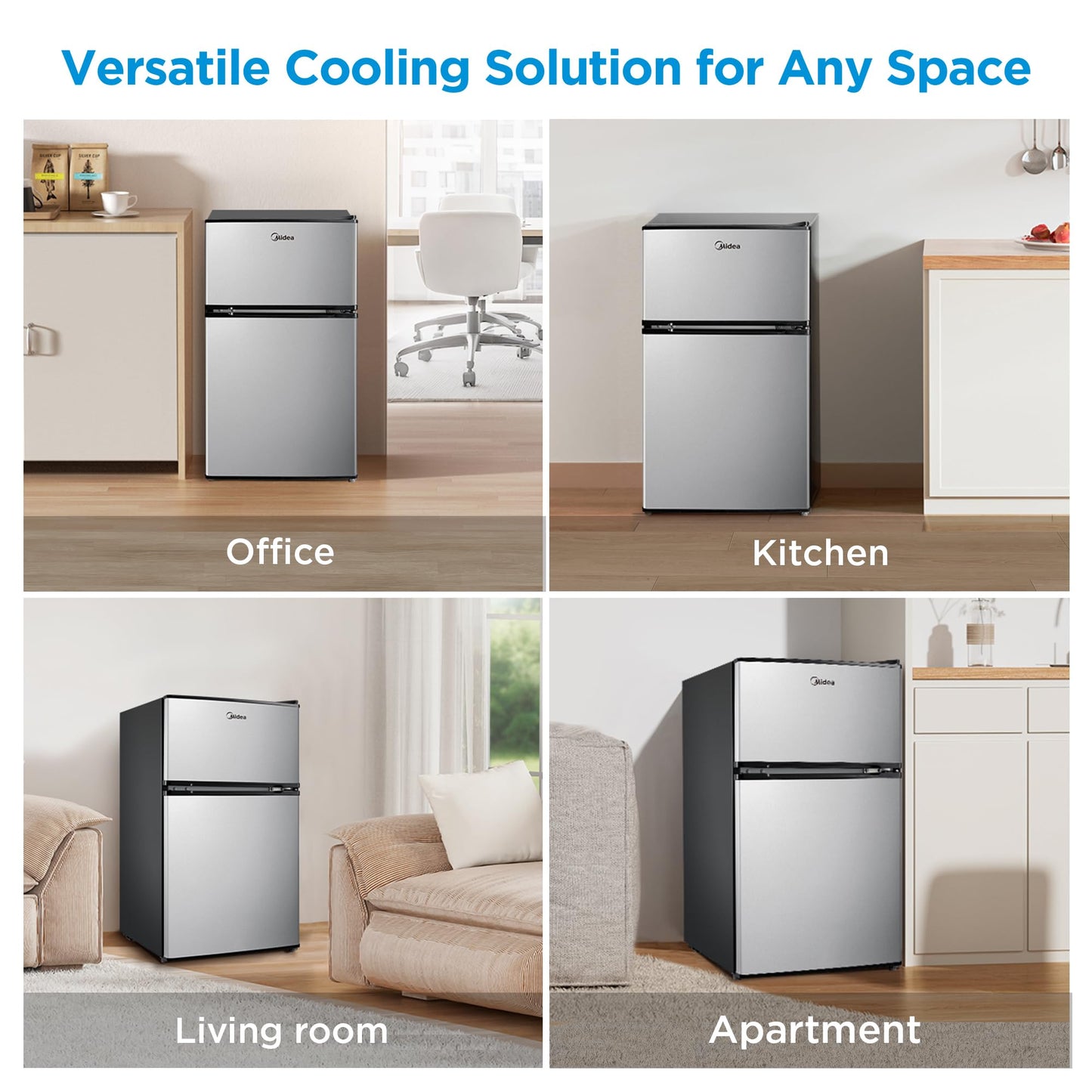 Midea WHD-113FSS1 Double Door Mini Fridge with Freezer for Bedroom Office or Dorm with Adjustable Remove Glass Shelves Compact Refrigerator, 3.1 cu ft, Stainless Steel