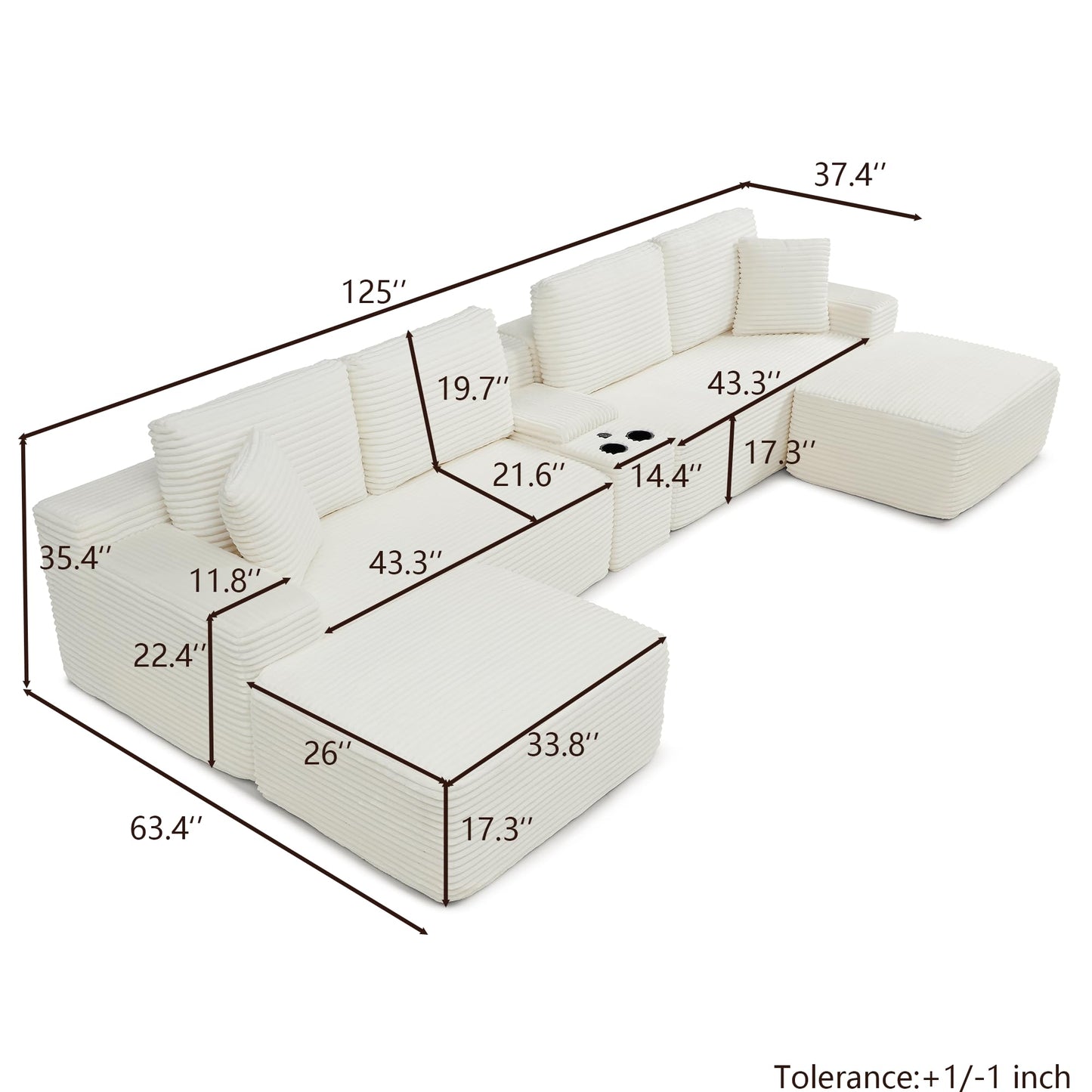 KEIKI 125" Corduroy Sectional Sofa with Two Ottomans, Upholstered Boneless Couch with Cupholders, USB Ports, L Shaped Cloud Couch for Living Room, Bedroom, Office, Apartment, Beige