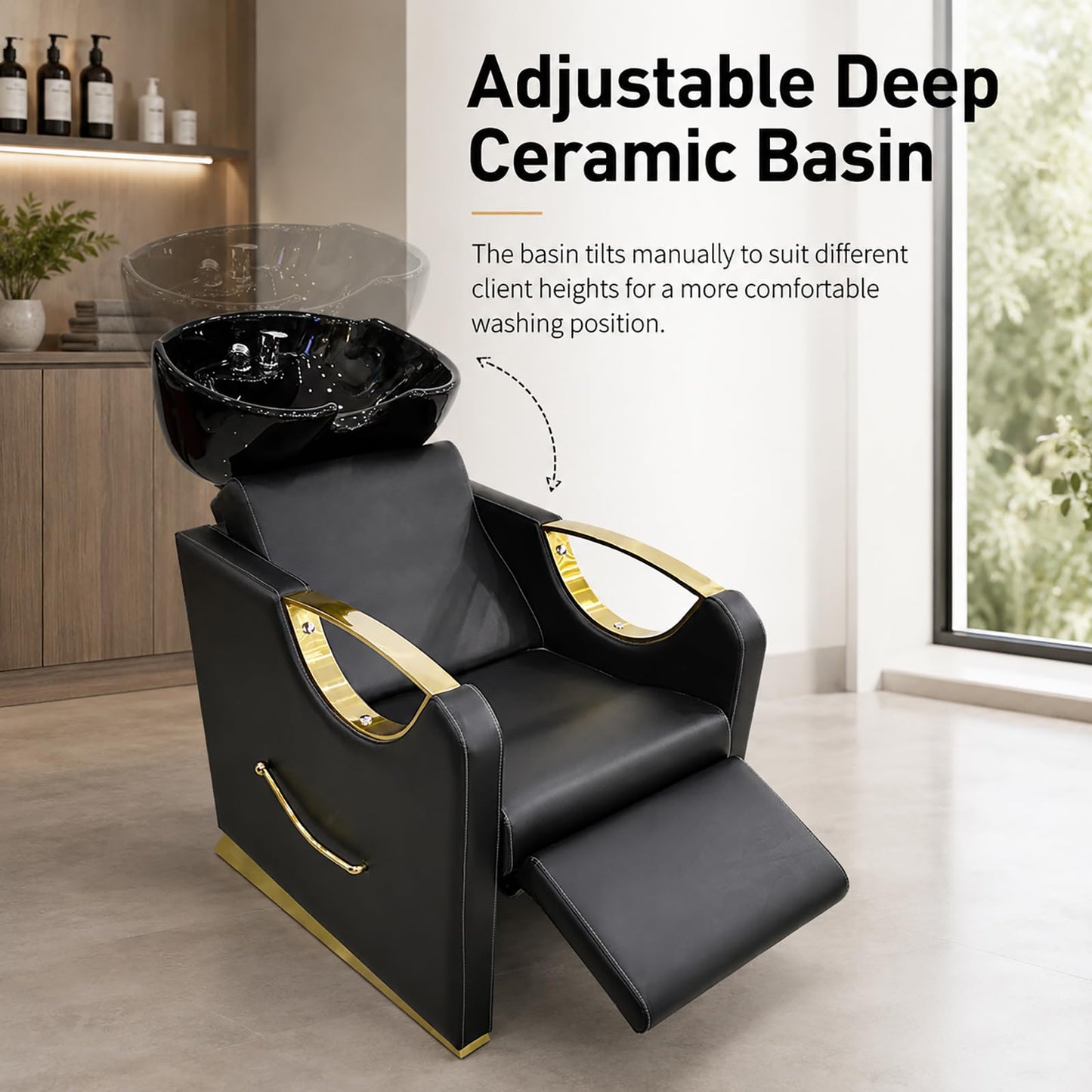 Shampoo Bowl and Chair Set, Adjustable Ceramic Backwash Unit with PU Leather Chair and Stainless Steel Armrests for Barber Shop