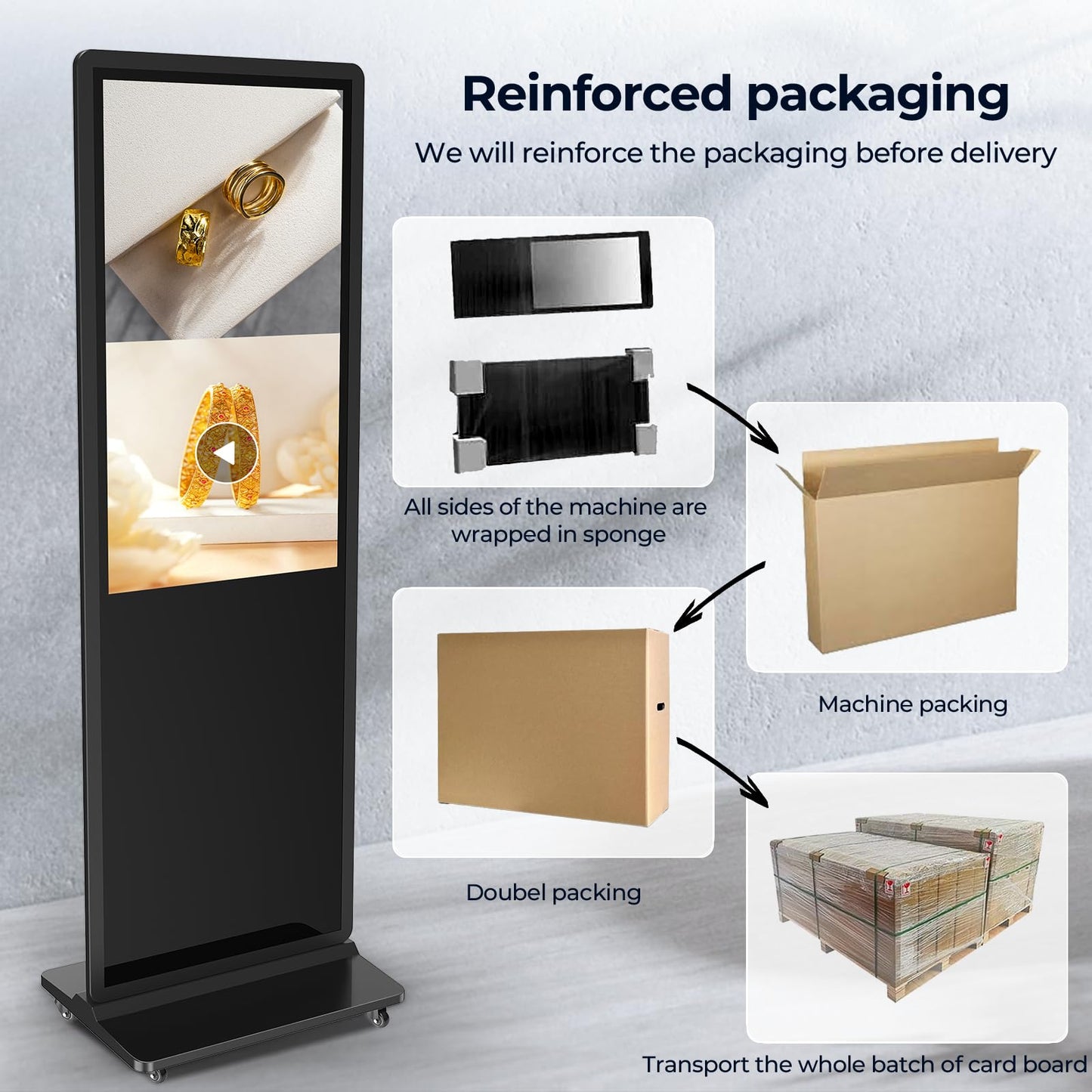 JASZDOT 32/43/55/65 Inch Digital Signage Display, LCD Screen Advertising Display Kiosk Interactive Totem Floor Standing Auto AD Player with USB/HDMI/WiFi Android OS (43'' Touch Screen)