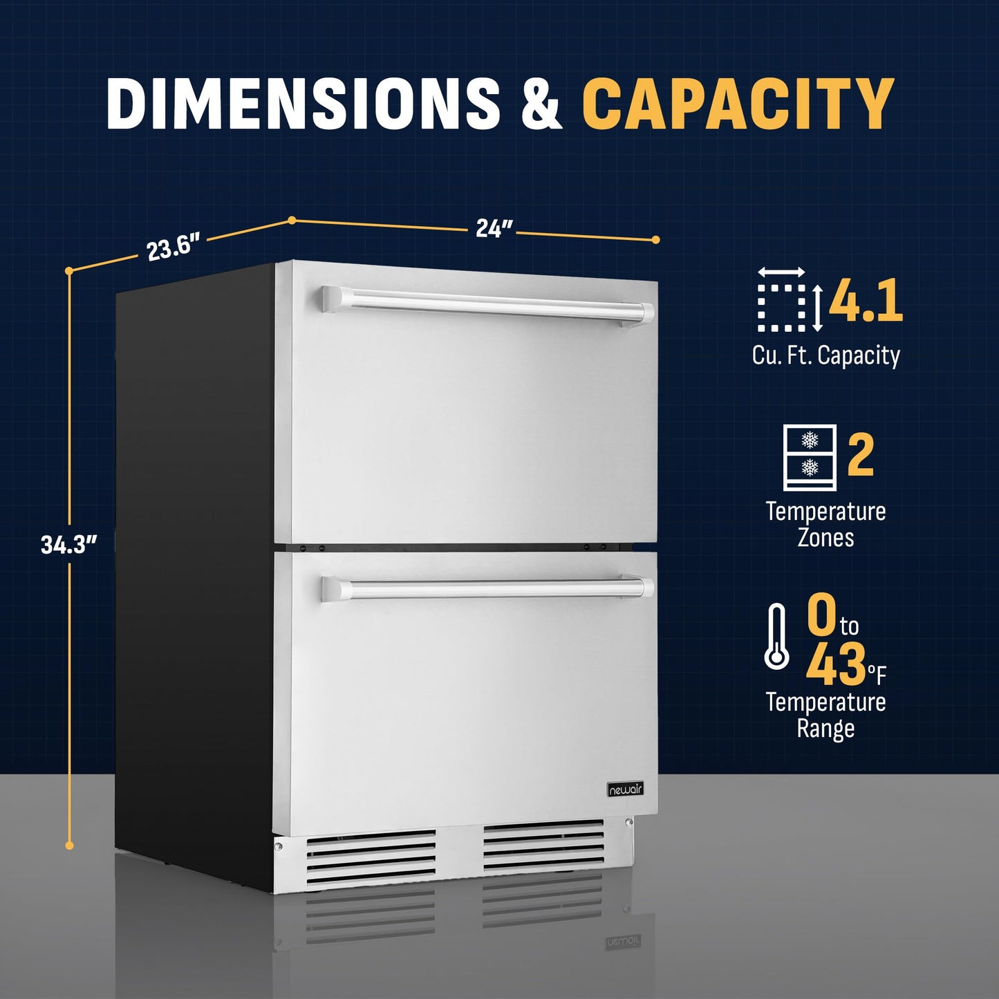 NewAir 24” Dual Zone Outdoor Beverage Fridge and Freezer | Freestanding or Built-In Under counter Refrigerator for Outside Patio | Dual Drawers that Refrigerate and Freeze | Stainless Steel