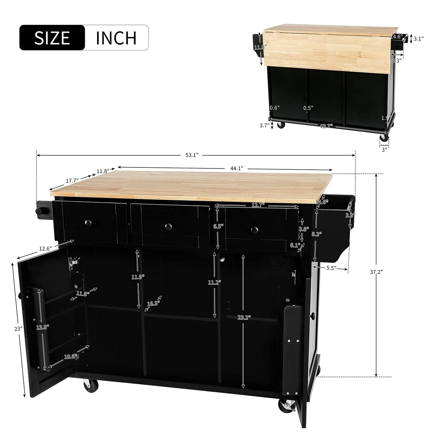 Merax Rolling Mobile Kitchen Island Cart Breakfast Bar with Wood Top, Door Internal Storage Racks, 3 Drawers and 5 Wheels for Dining Room