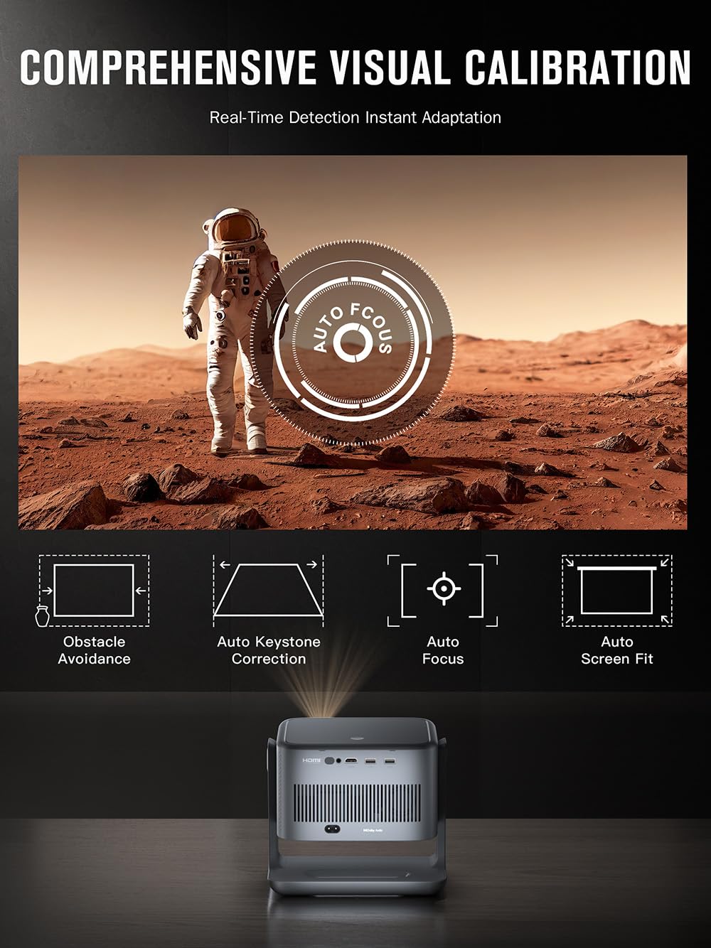 【Officially-Licensed APP & 2500ANSI】Smart 4K Projector with WiFi and Bluetooth, VISSPL Native 1080P Auto Focus & Keystone Portable Outdoor Projector, 4K Support Home Movie Projector Grey