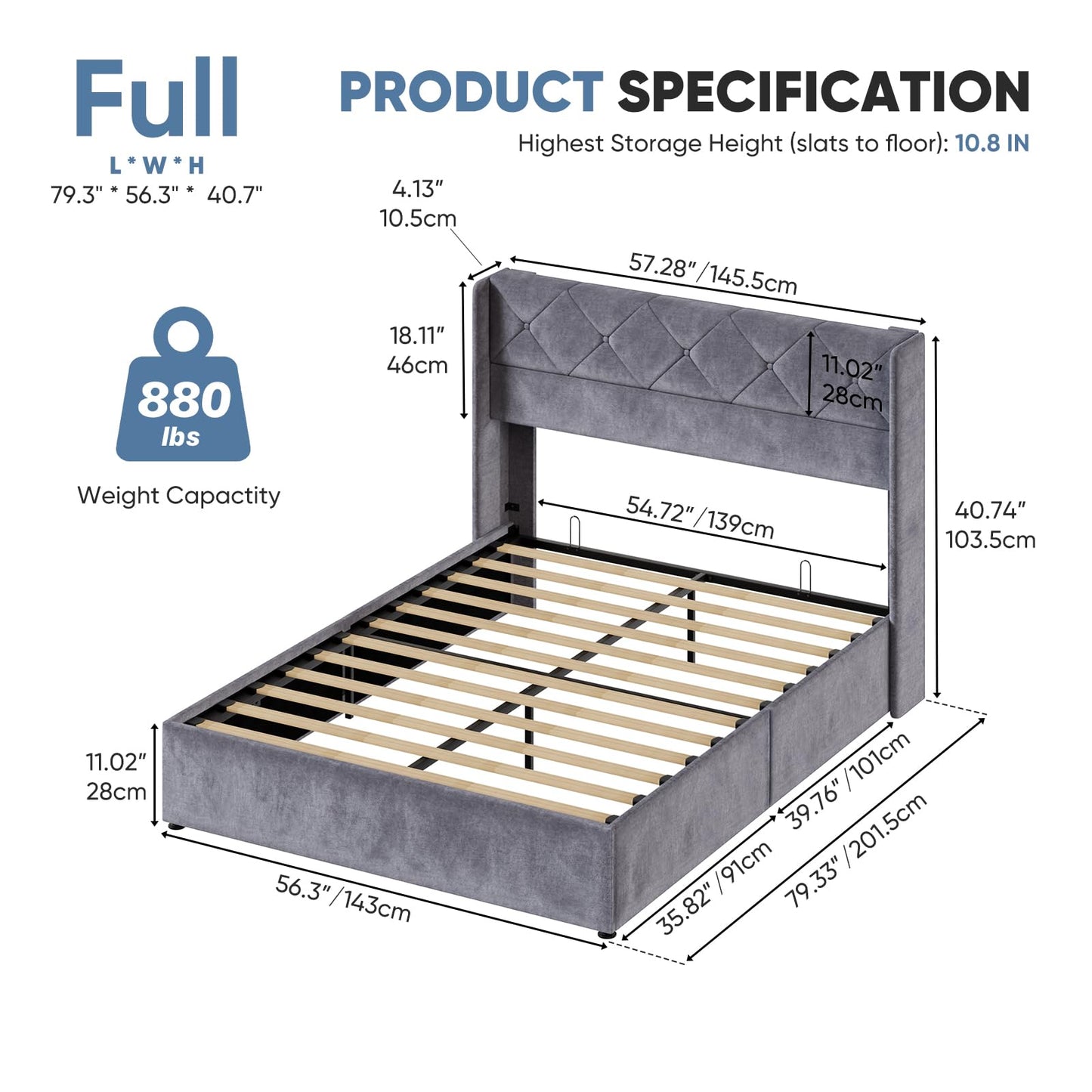 OLIXIS Full Size Lift Up Storage Bed with Wingback Headboard, Modern Upholstered Platform Bed Frame, Hydraulic Underneath Storage Space, Soft Velvet Platform, No Box Spring Needed, Grey