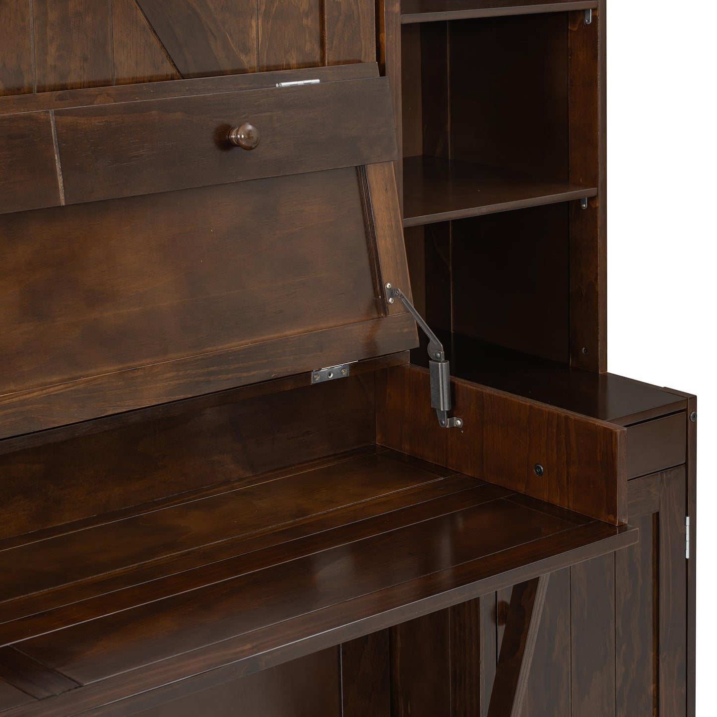 Merax Murphy Bed with Desk, Storage Cabinets and Drawers, Wood Wall Bed with Shelves, Convert to Cabinet, Space-Saving, Queen Size, Dark Brown