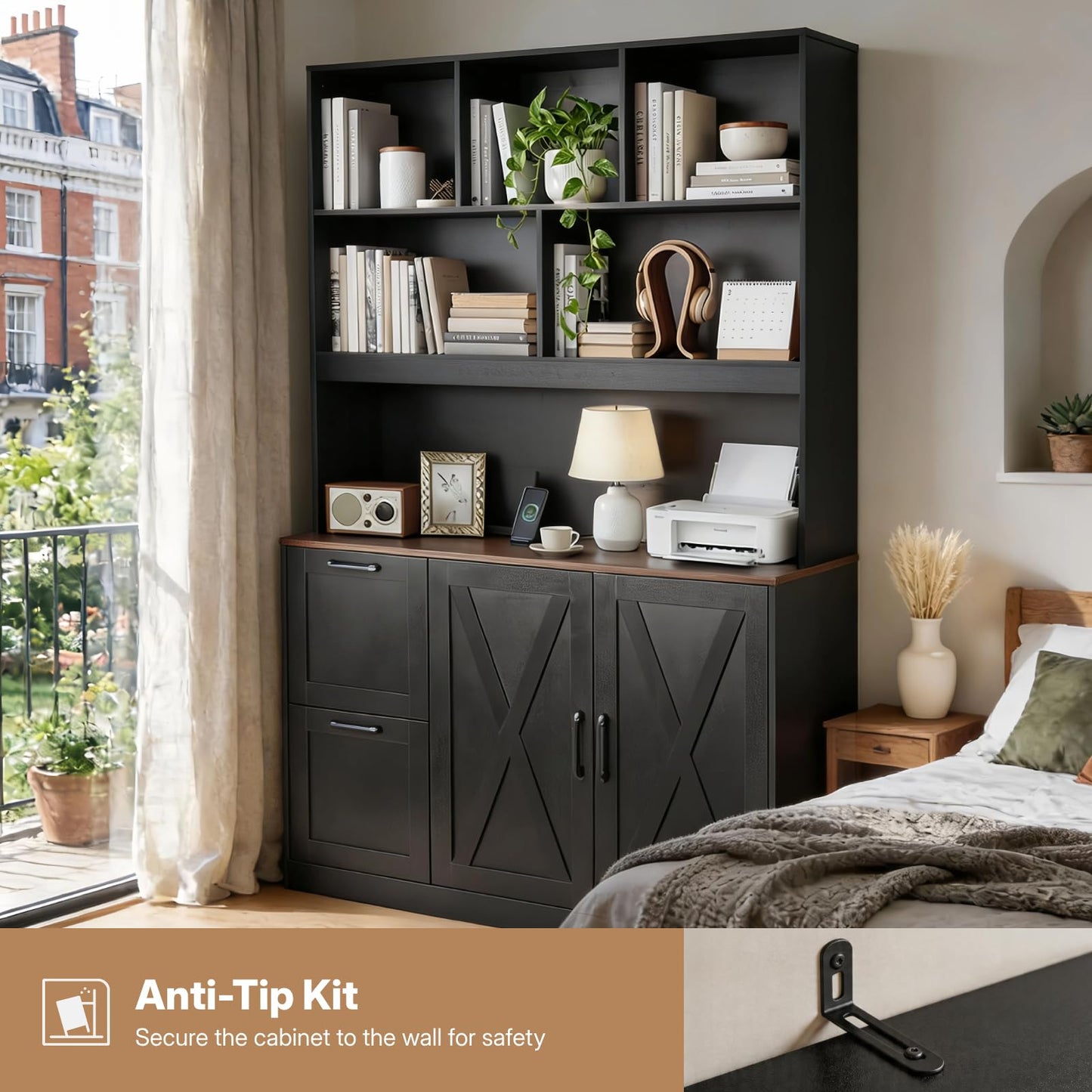 NORTHSKY 72'' Tall Bookshelf with Power Outlet, 2 Drawer File Cabinet for A4 Hanging Files, 3-Tier Open Shelves & Closed Storage Cabinets, Multifunctional Printer Stand - Black