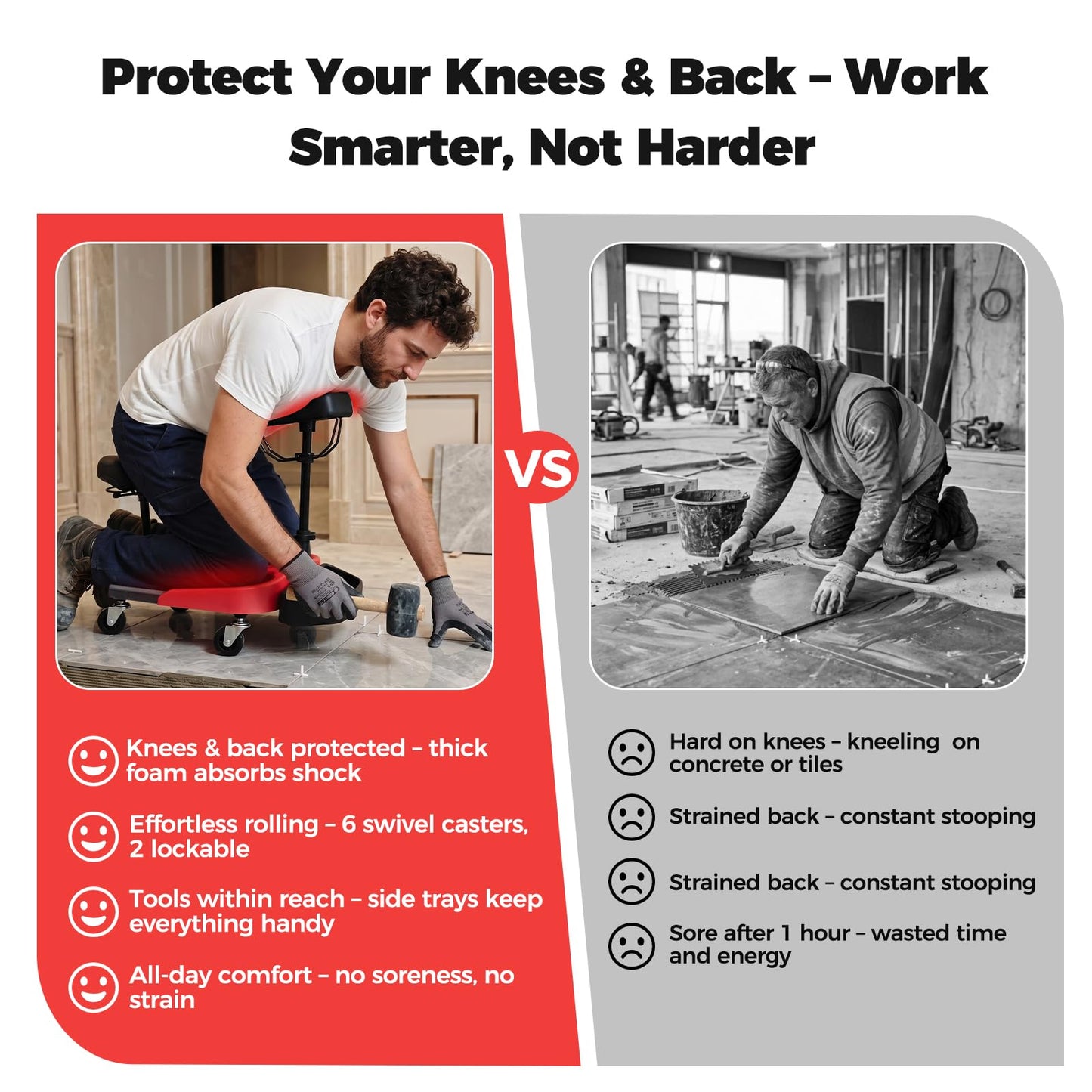 Heavy-Duty Kneeling/Sitting Creeper with Adjustable Seat & Tool Tray – 300lb Capacity Rolling Knee Work Seat for Auto Repair, Flooring, Landscaping & DIY – Padded Knee Support & Smooth Casters