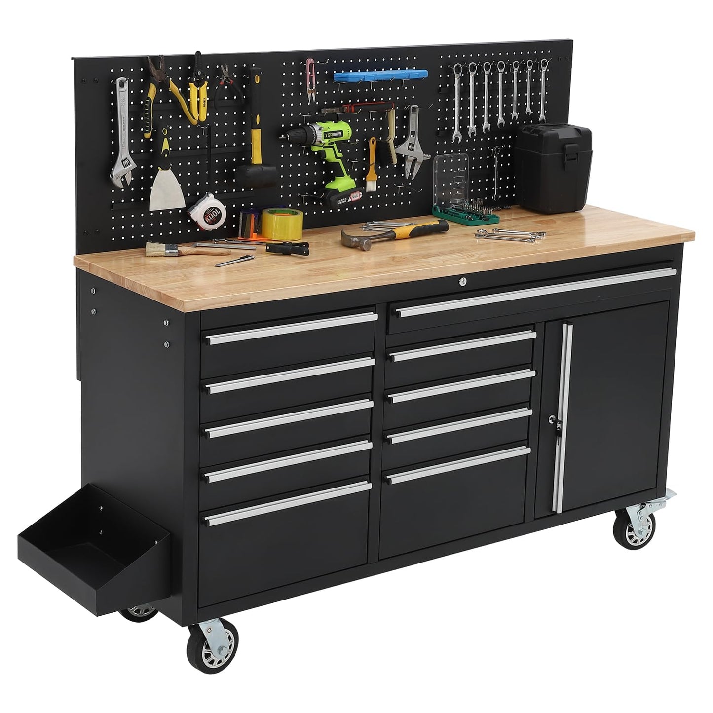 Garvee Rolling Tool Chest, 61 in Garage 10 Drawers Workbench Storage Tool Cabinet with Solid Rubber Wood Top, Power Strip, 1675 LBS Load Mobile Workstation, Heavy Duty Rolling Cabinet, Black