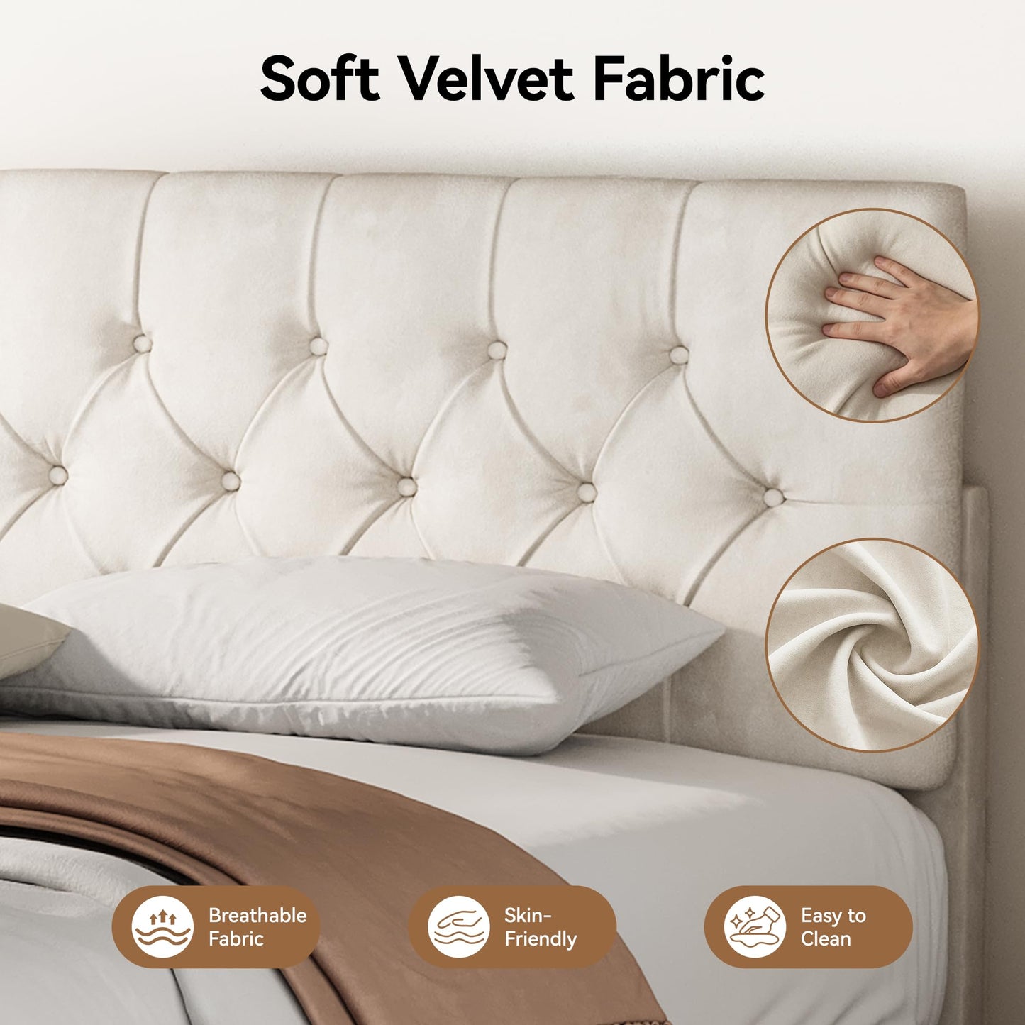 AMICLIBER Queen Bed Frame with Adjustable Headboard, Velvet Upholstered Platform Bed with Button Tufted Design, Solid Wooden Slats, Noise-Free, No Box Spring Needed, Easy Assembly, Beige