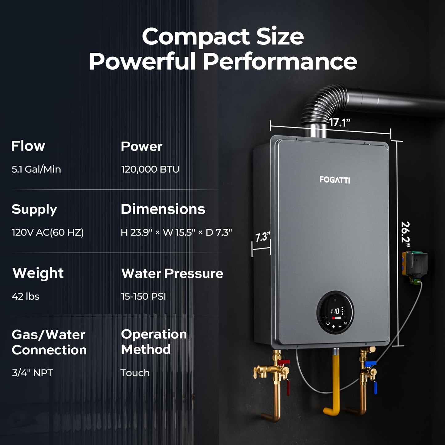 FOGATTI Natural Gas Tankless Water Heater Indoor - Max 5.1 GPM 120,000 BTU, CSA Certified Compact Design On Demand Instant Hot Water Heater - Instagas Comfort 120S Series