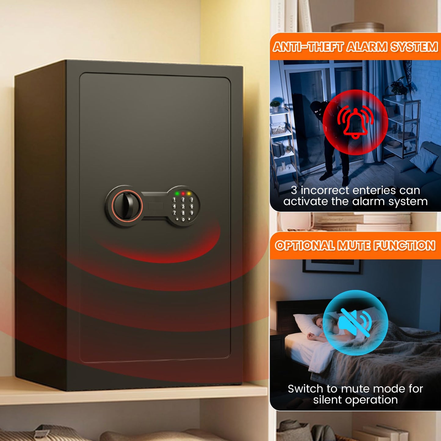 35-Min 1700°F Fireproof Safe for Home Documents, 27.6" Tall Large Safe Box for Office Security, 64LBS Heavy-Duty Safe with Alarm System and Sensor LED Light, Fire Safe for Cash