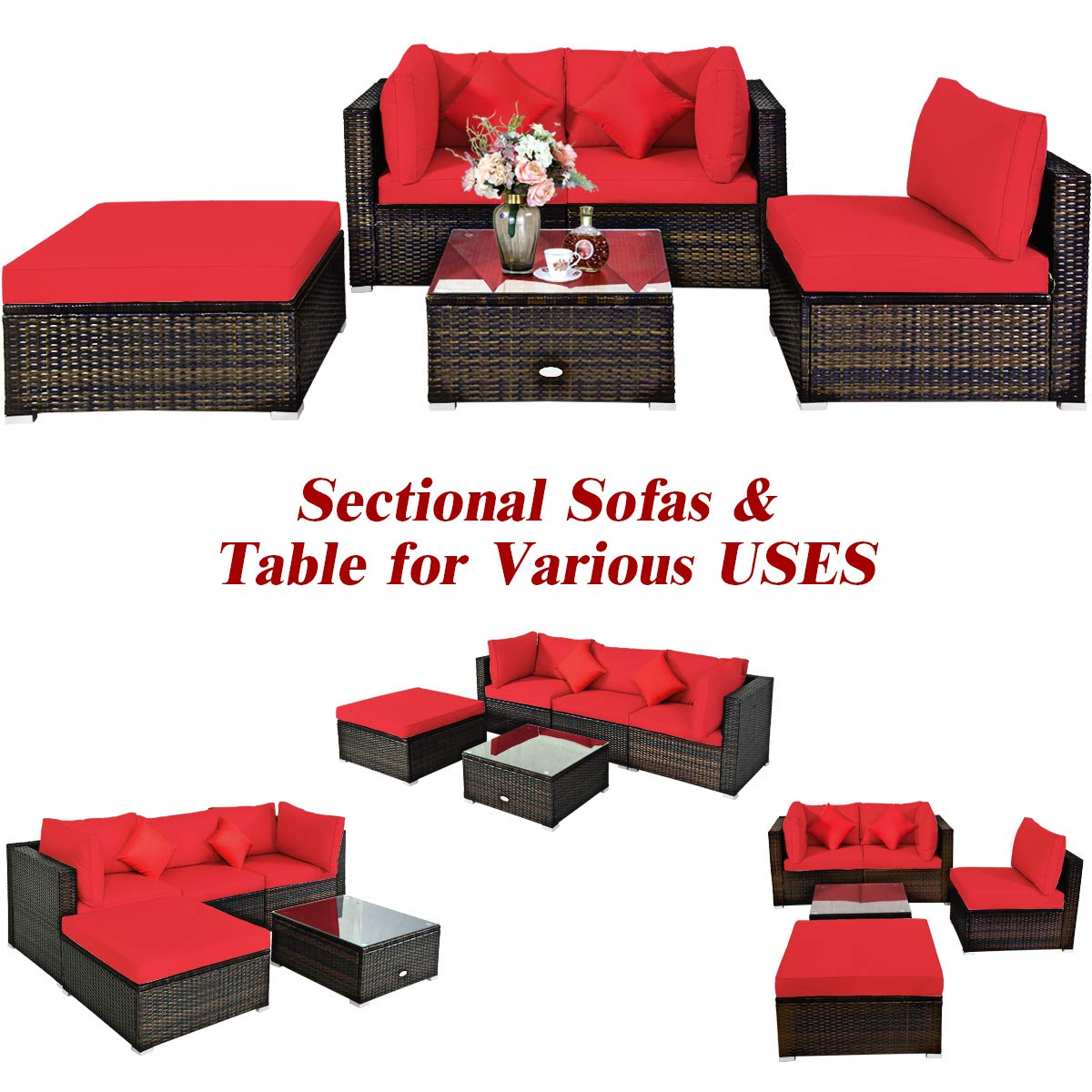 Tangkula 5 Pieces Patio Rattan Furniture Set, Outdoor Sectional Rattan Sofa Set with Back & Seat Cushions, Wicker Conversation Set with Tempered Glass Table for Backyard Porch Poolside (Red)