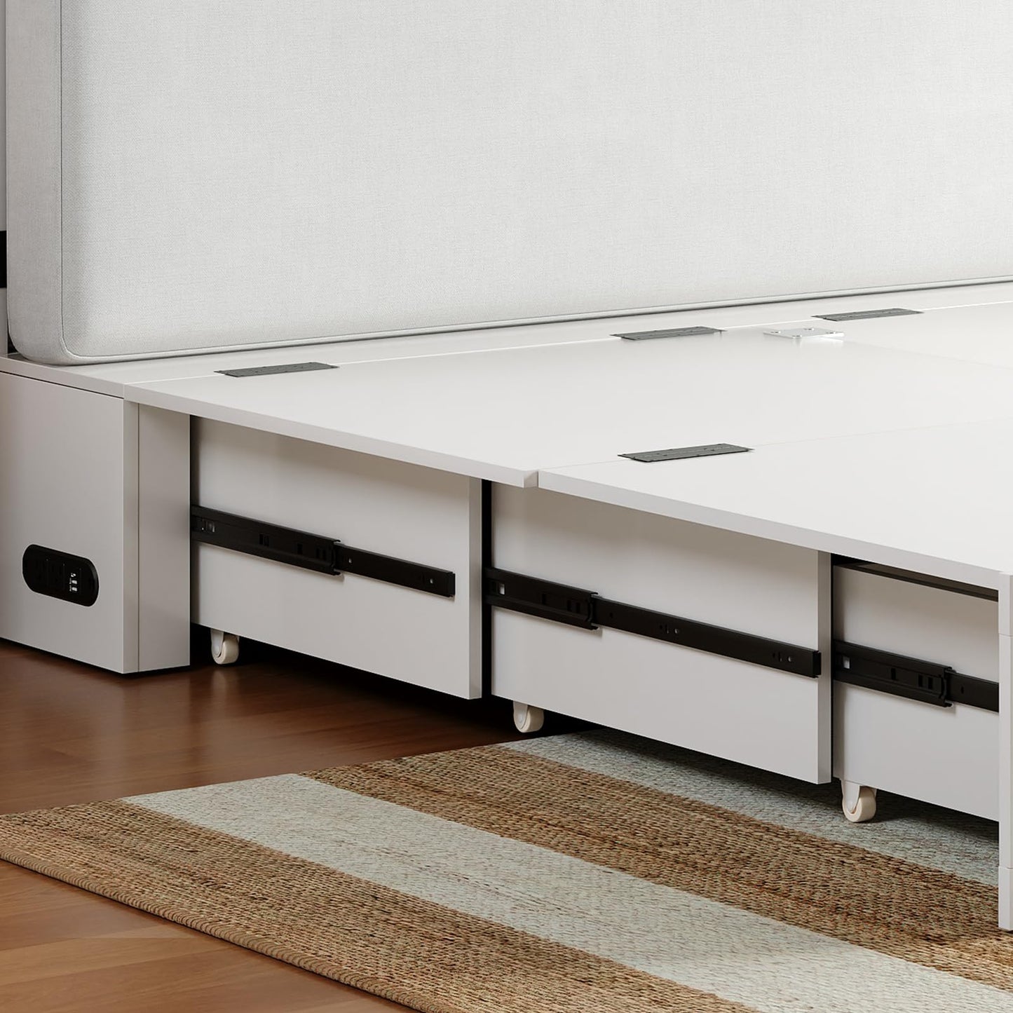Mjkone Queen Murphy Bed with Tri-Fold Mattress, USB Charging Station & 2 Storage Drawers, Hidden Folding Chest Cabinet Bed, Space Saving Wall Beds for Bedroom Guest Room Living Room-White