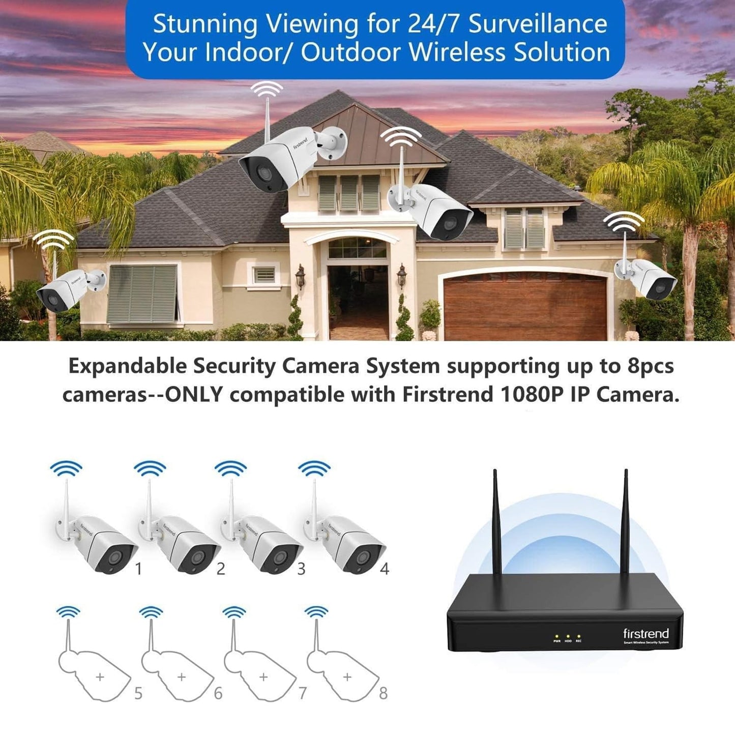 2026 Update Firstrend Wireless Security Camera System Outdoor, 2 Way Audio& Human Detection, 8CH System with 4pcs WiFi IP CCTV Cameras for Home Security,IP66 Waterproof,24/7 Recording,No Monthly Fee