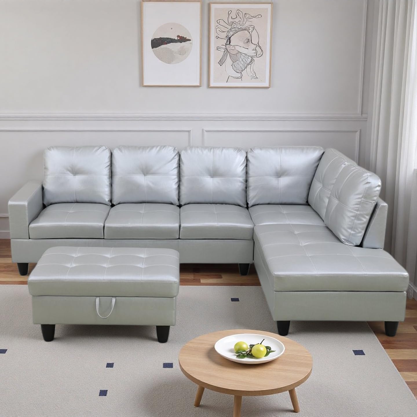 NicBex Sectional Couch 3 Pieces Sofa Set, L-Shaped Modular Couches for Living Room, Furniture Sets with Lounge Chaise & Storage Ottoman, Multi-Scene Use for Apartment & Office, Silver