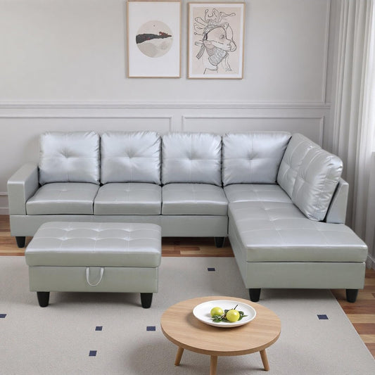 NicBex Sectional Couch 3 Pieces Sofa Set, L-Shaped Modular Couches for Living Room, Furniture Sets with Lounge Chaise & Storage Ottoman, Multi-Scene Use for Apartment & Office, Silver