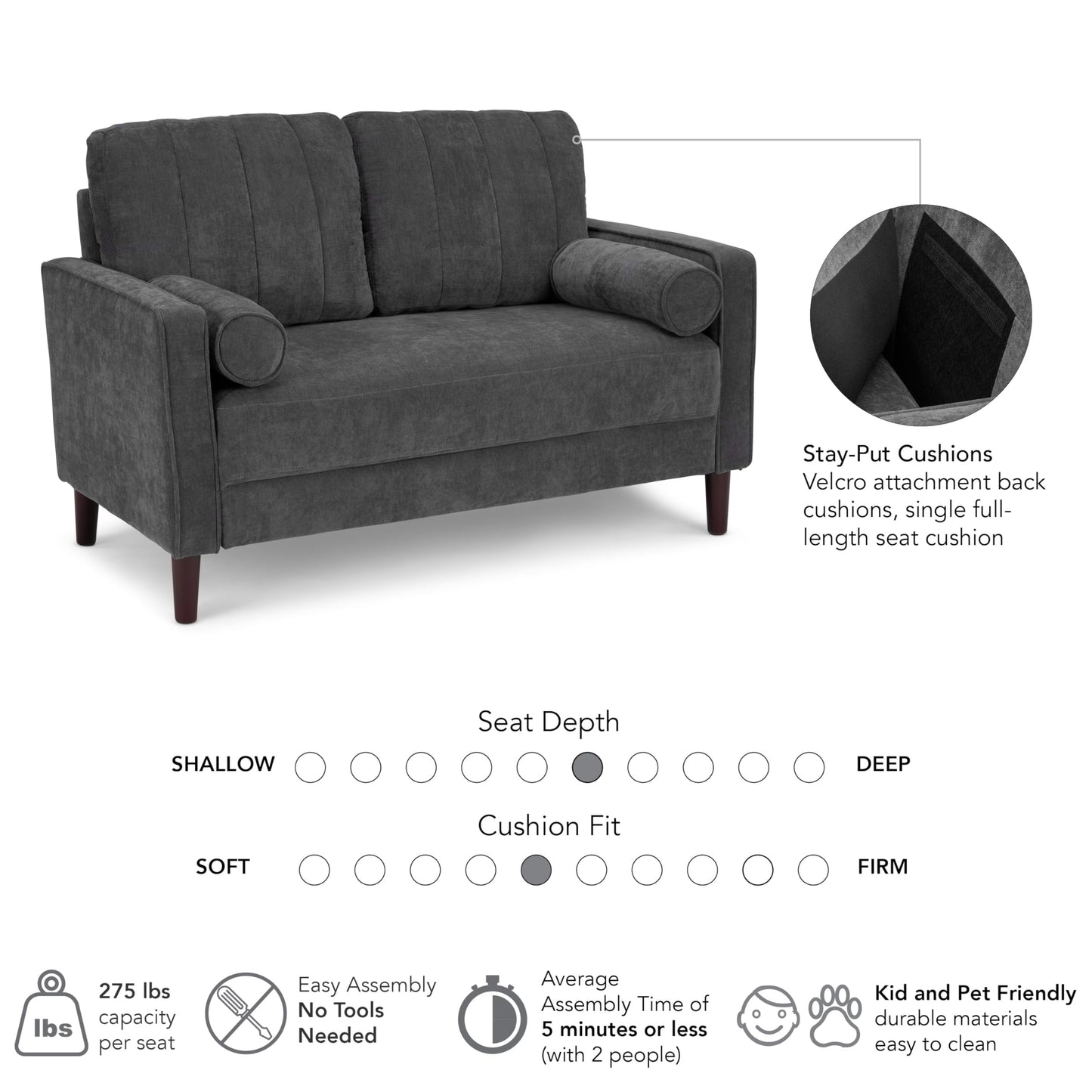 Bush Home 54-inch Loveseat, Living Room Furniture, Max Collection, Iron Gray Chenille Fabric