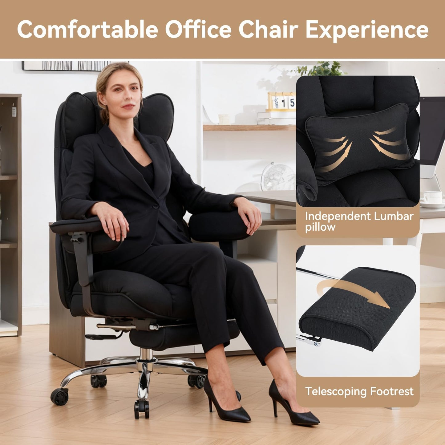 Efomao Big and Tall Office Chair with Footrest - 400lbs Heavy Duty Pocket Spring Desk Chair, 7" Thick Cushion Breathable Fabric Executive Office Chair, Ergonomic Reclining Workstation, Black