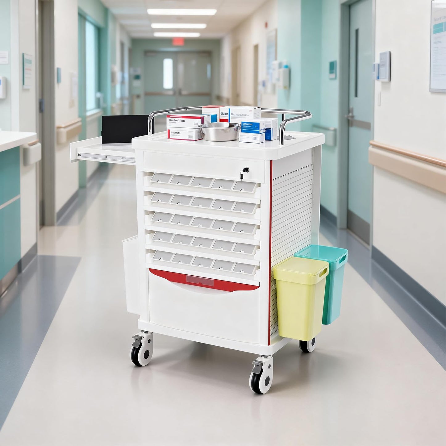 OLERN Medication Bins Cart with 200 Bins, 10 Drawers - Dual-Sided Open, 50 Medicine Boxes, Hidden Sub Workbench, Silent Casters, Container, 2 Trash Bin-Medical Crash Cart for Clinic, Hospital and Lab