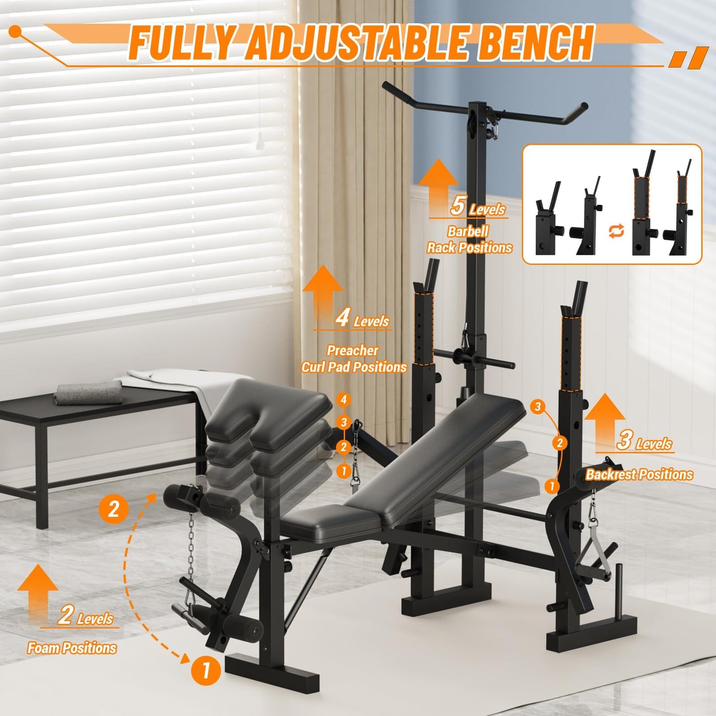 7-in-1 Olympic Weight Bench for Home Gym, 1000LB Capacity Foldable Bench Press Set with Leg Extension/Curl, Preacher Pad & Adjustable Rack, Full Body Strength Training Equipment