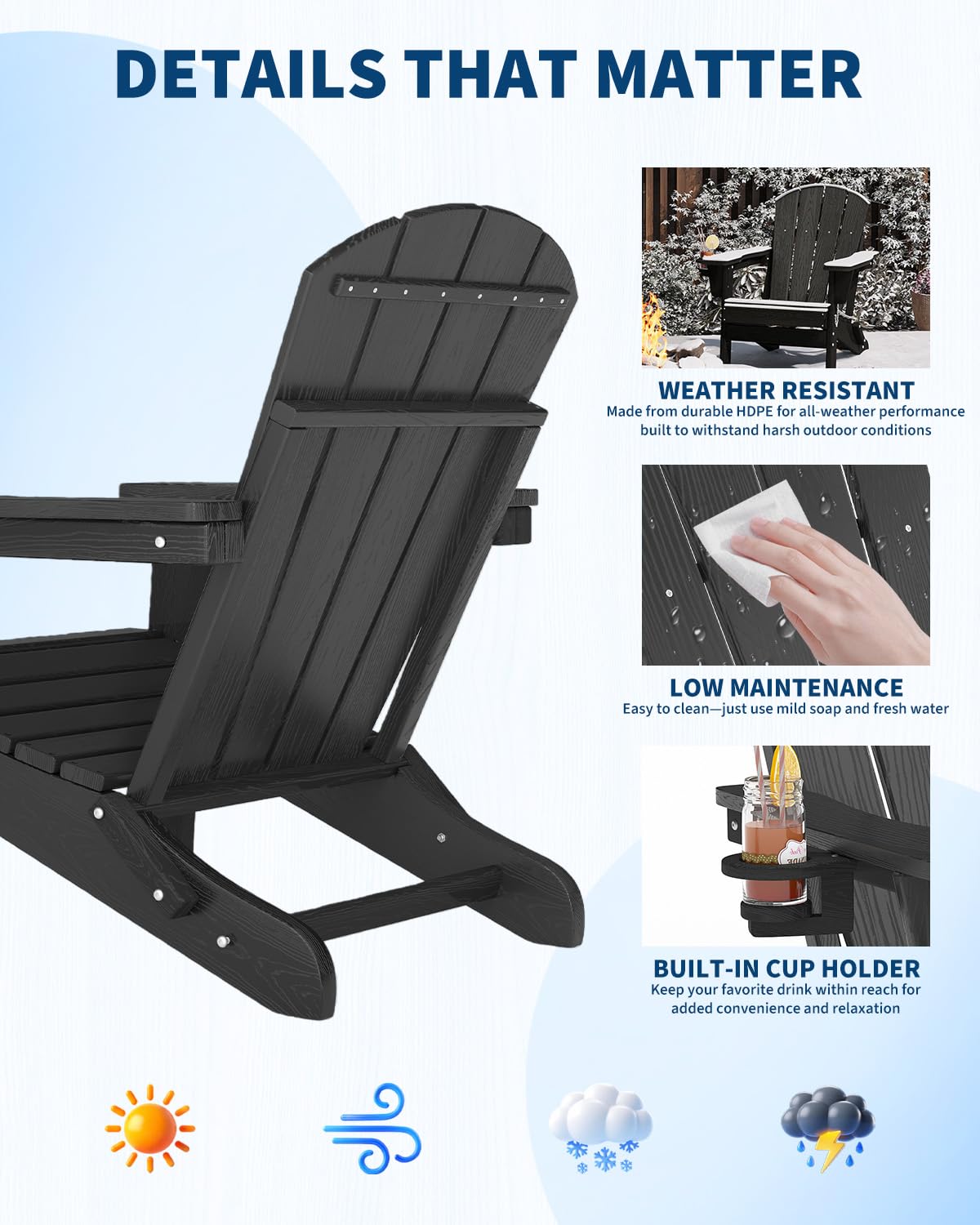 GarveeLife Folding Adirondack Chair Set of 4 with 2 Side Table, All-Weather HDPE Outdoor Chair, Wooden Textured with Cup Holder for patios, Decks, Gardens, fire pits, Black
