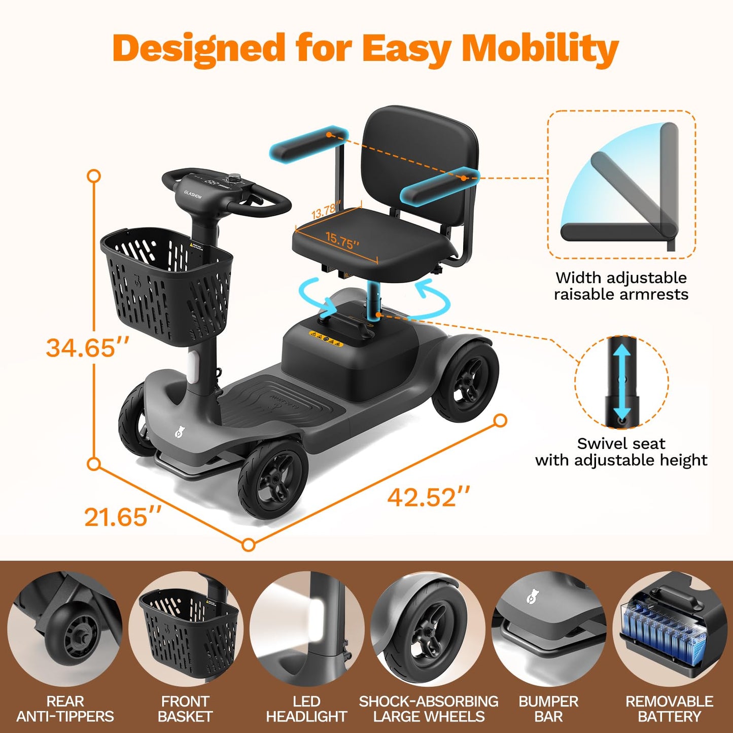 Glashow S1 Mobility Scooter for Adults, 4-Wheel Electric Mobility Scooter – 25-Mile Range, 6 mph, Smart Safety Features, Spacious Legroom, Swivel Seat, Headlight & Basket, Charger Included – Dark Gray