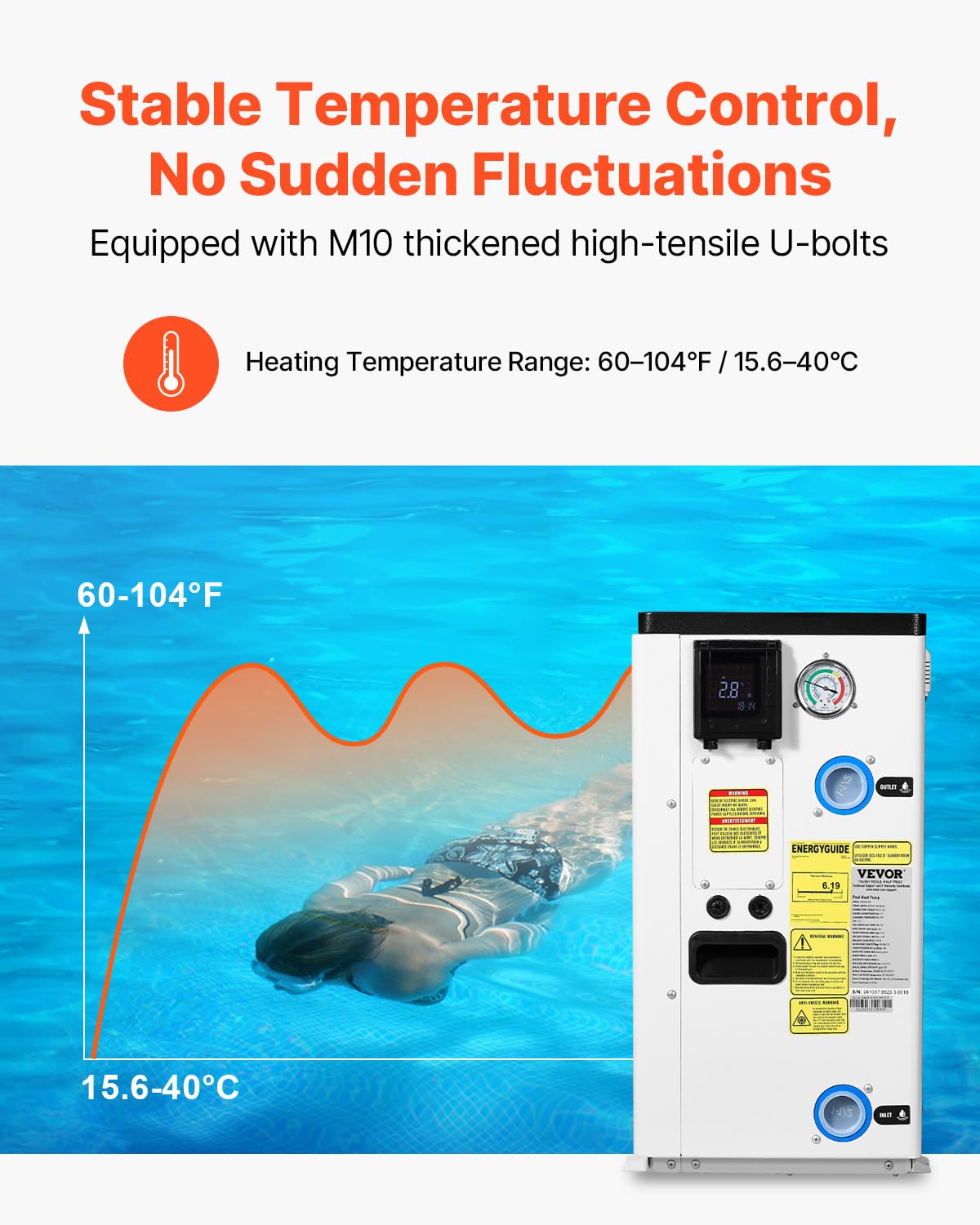 VEVOR Electric Pool Heat Pump, 51,200 BTU, Fits 7,926-15,851 Gallon Above & In-Ground Pools, Low Noise Heating & Cooling, Energy-Saving Water Heater AC208-230V 60Hz