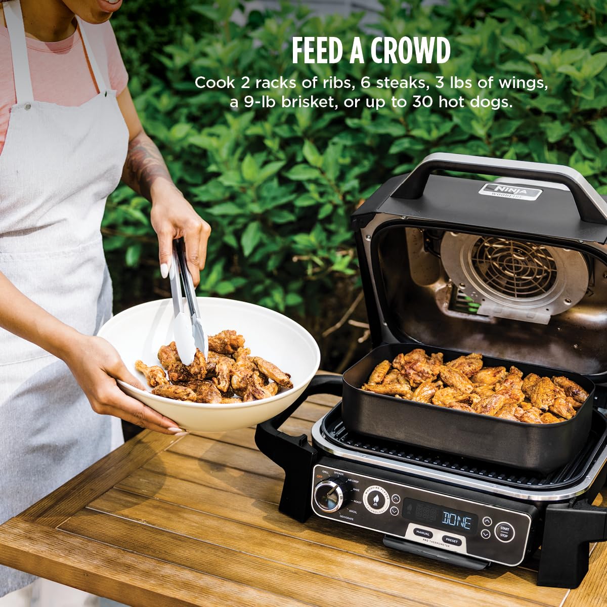 Ninja OG751 Woodfire Pro Outdoor Grill Built-In Thermometer,7-in-1 Master Grill,BBQ Smoker,& Outdoor Air Fryer Plus Bake,Roast,Dehydrate & Broil,Woodfire Technology,Weather-Resistant,Grey XL