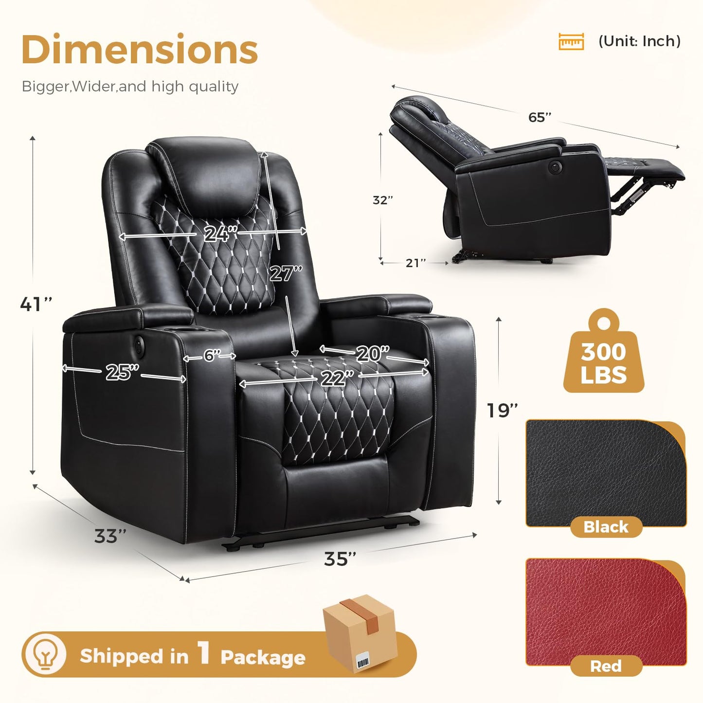 ANJ Power Recliner Chair with USB Ports and Cup Holders - Overstuffed Electric Home Theater Seating PU Leather Reclining Furniture with Hidden Arm Storage, Easy to Clean (Black)