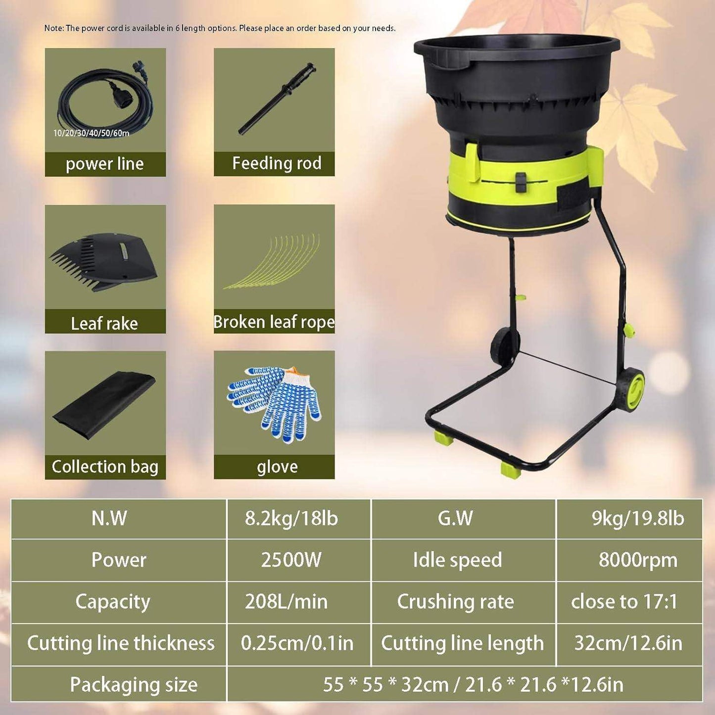 2500W Electric Leaf Mulcher, Garden Leaf Shredder Chipper, 8000RPM Tree Branches Crusher, 17:1 Reduction, Composting Machine with Wheels and Collection Bag, for Home Use and Farms 40m*PowerCord