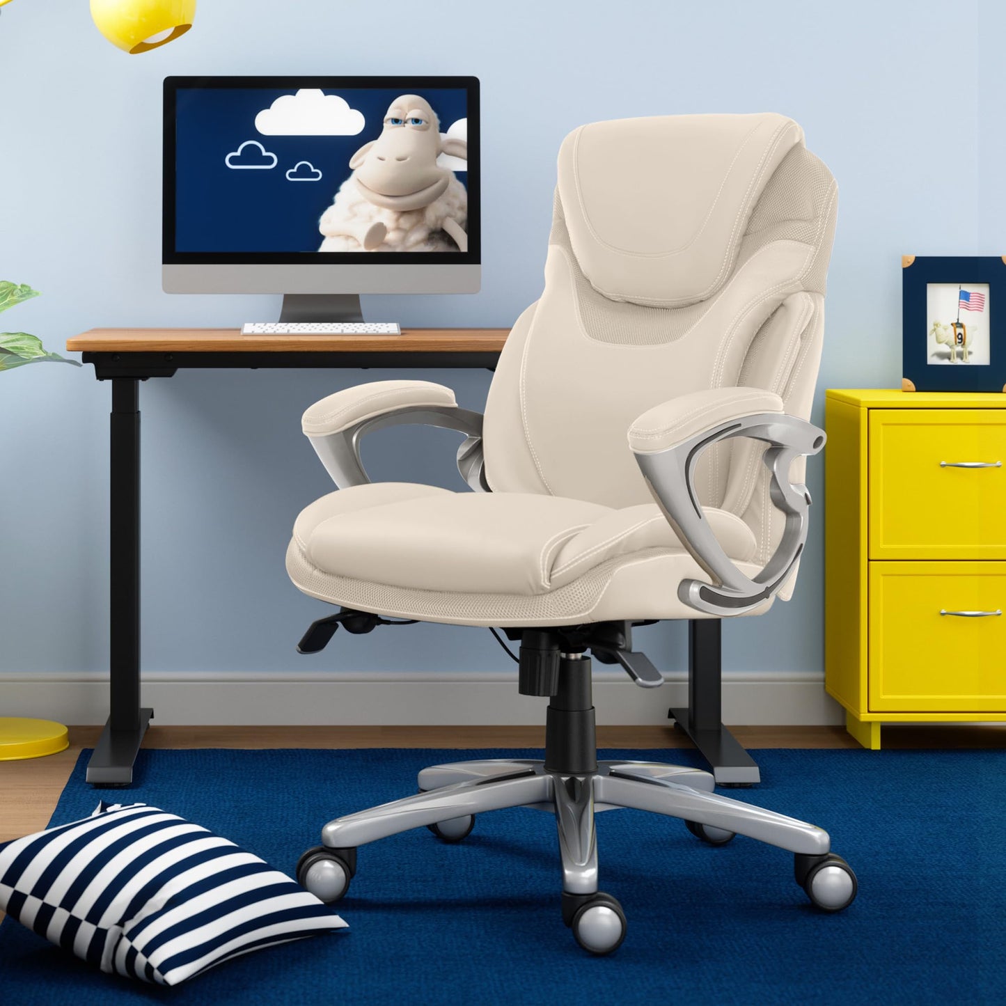 Serta Bryce Executive Office Chair - Ergonomic Computer DeskChair with Lumbar Technology - Adjustable Height - Memory Foam Body Pillows - 360° Swivel Rolling Base - Bonded Leather - Cream