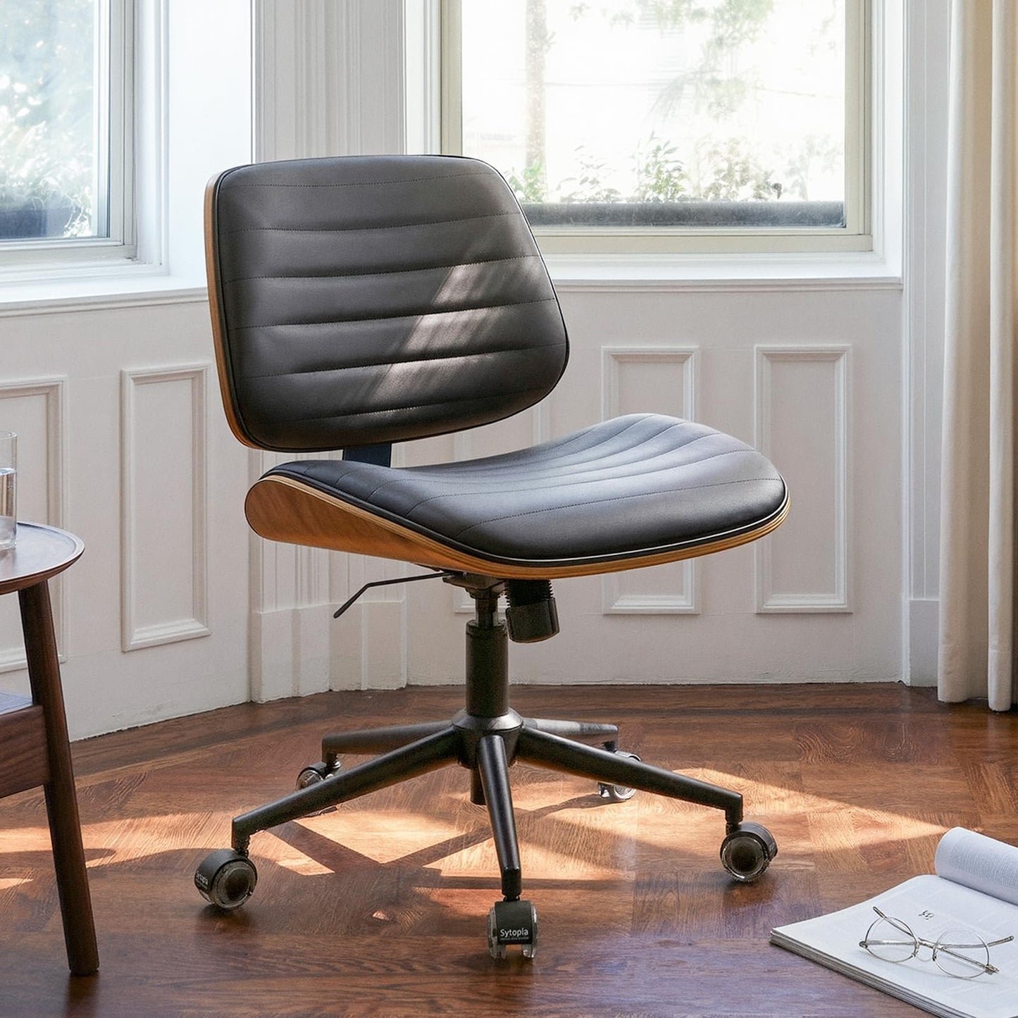 Sytopia Small Desk Chair for Home Office, Adjustable Height Swivel Armless Office Chair No Arms, Mid Century Modern Chair with Wheels, Walnut Wooden Sturdy Furniture, Easy Assembly, Vintage Black