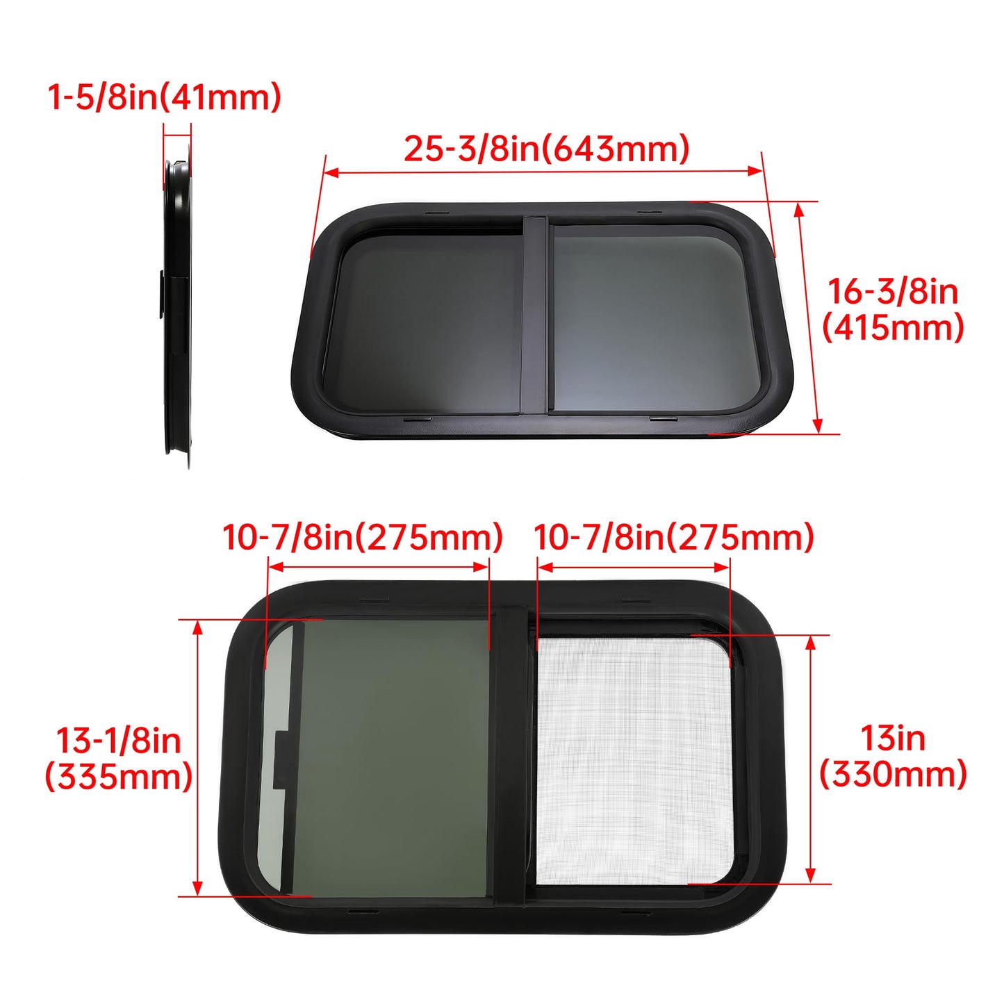 HECASA RV Window with Screen, 24inx15in, Tempered Glass, Black, Model MO-1725, Compatible with RV Camper Cargo Trailer Teardrop