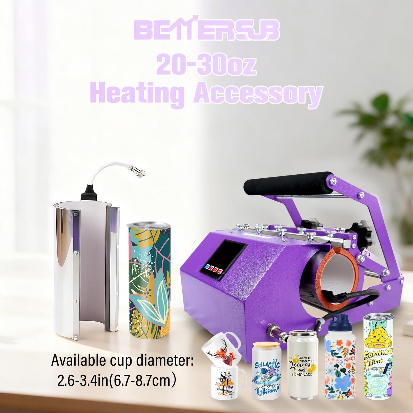 BetterSub 3in1 Tumbler Mug Heat Press Machine 30 OZ 20 OZ 16 OZ Sublimation Straight Skinny Tumbler Mug 3 OZ 1.5 OZ Shot Glass,11 OZ 15 OZ 16 OZ Sublimation Mug Heat Transfer (3in1 Purple)