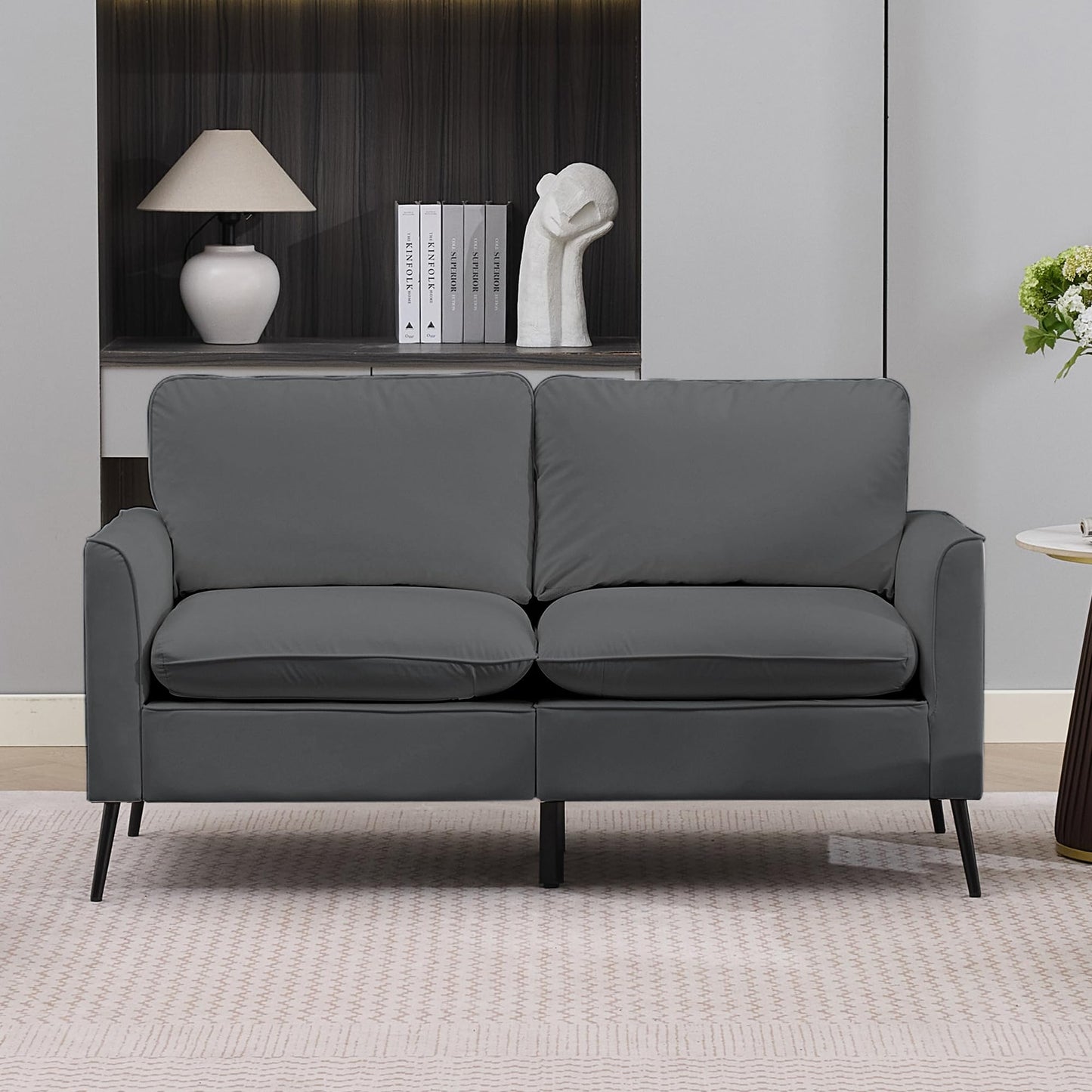 KEIKI Faux Leather Loveseat, Mid Century Modern Comfy Sofa Couch, Mini Deep Seat 2-Seater Settee Loveseat Couches for Office Living Room Bedroom Apartment Dorm Small Space, Gray