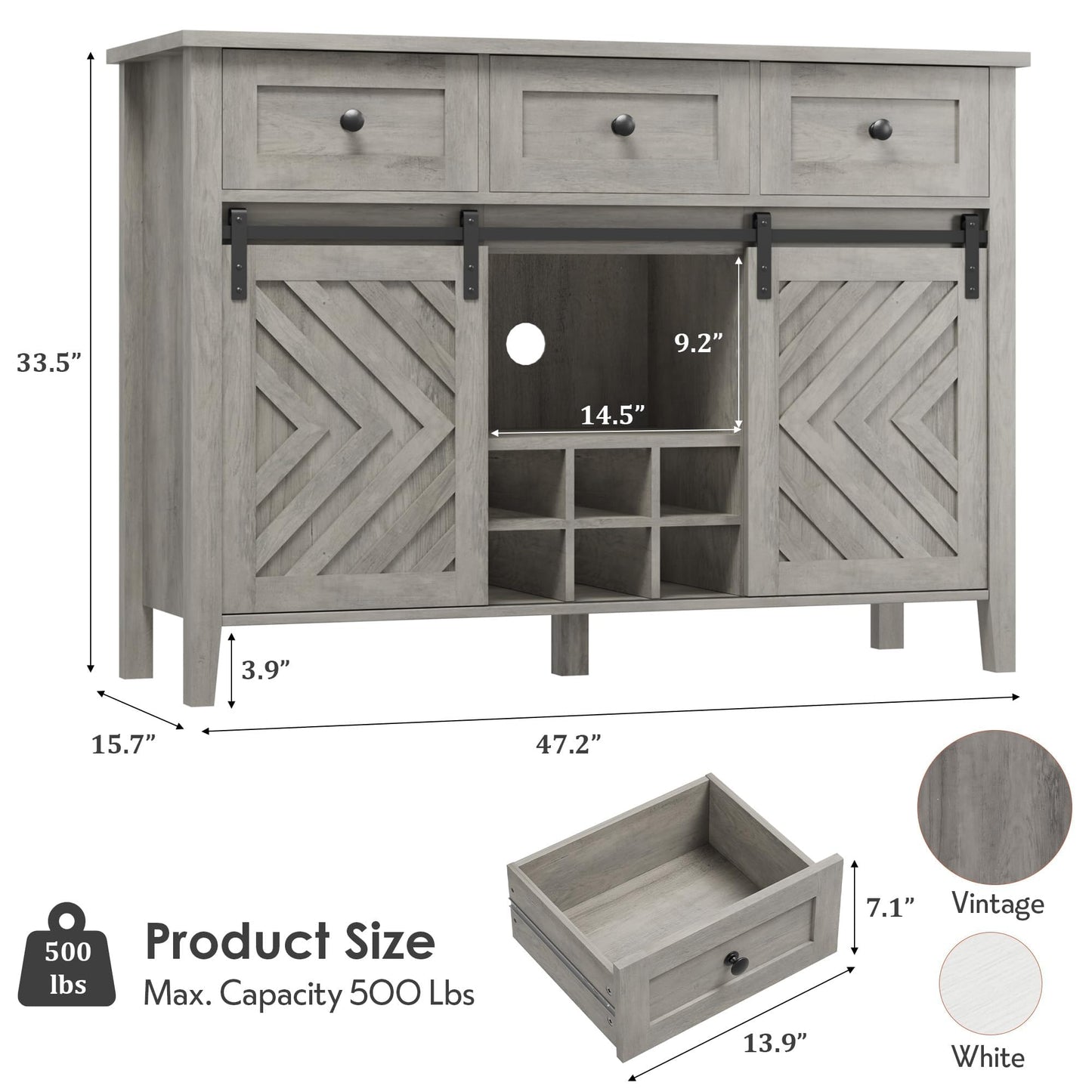MERXENG 47 in Farmhouse Sideboard Buffet Cabinet with Wine Rack & Drawers, Wood Wine Bar Cabinet with Sliding Barn Doors, Rustic Coffee Station for Dining Room Kitchen Living Room, Grey