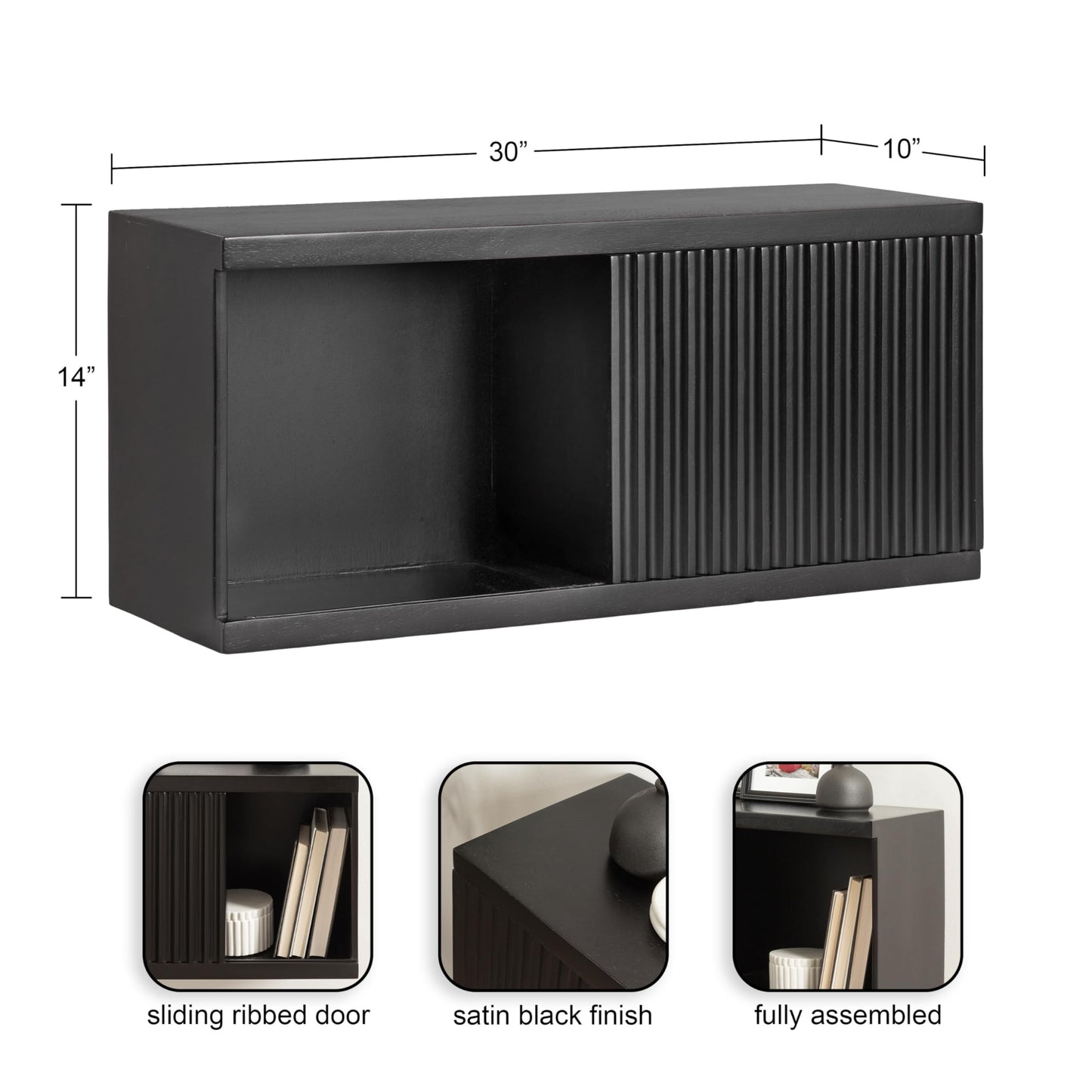 Kate and Laurel Furrow Modern Wooden Sliding Ribbed Door Wall Cabinet; 30 x 10 x 14; Black; Decorative Storage Cabinet with Sliding Door for Use as Floating Nightstand or Floating TV Shelf