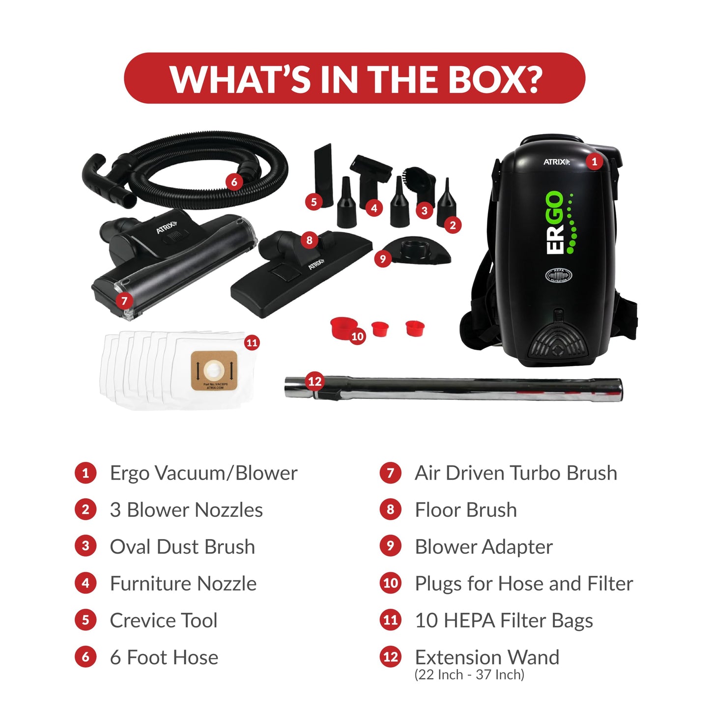 Atrix Ergo Backpack Canister Vacuum, Portable Cleaner with Attachments for Professional and Residential Use, VACBP10 Premium Bundle
