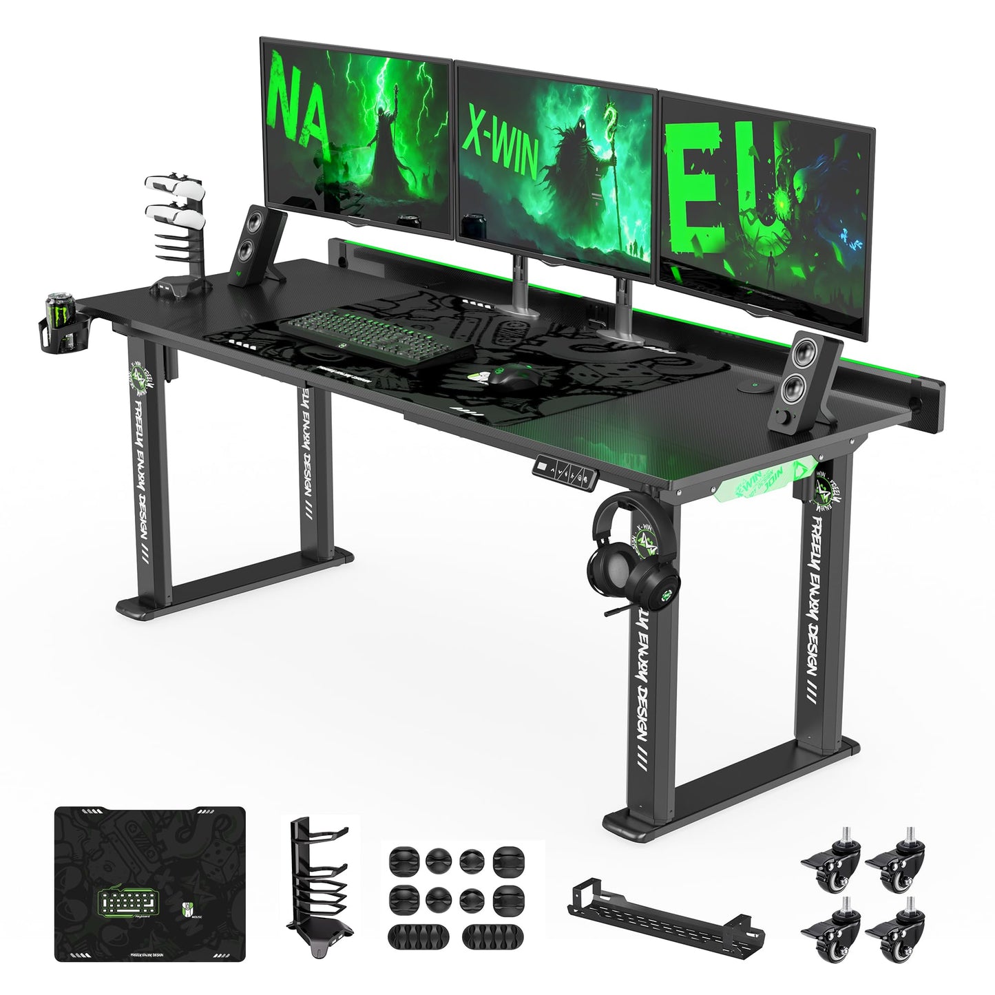 Klobel 71" Gaming Standing Desk for Gamers & Streamers, 4-Leg Electric Sit Stand Desk with LED Lights, Flip-Top Cable Management, Stable Computer Desk with Wheels
