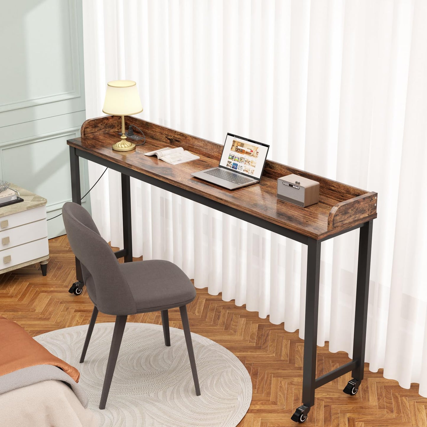Ytaoka Table Overbed, Walnut, Queen Size, Wheels, Charging Station, 70.8" for Home and Hospital