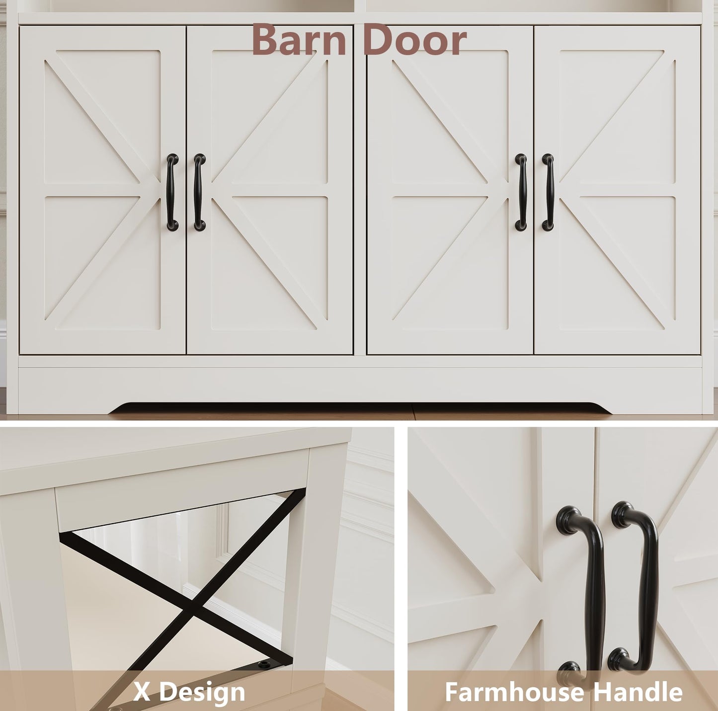 kepptory Farmhouse Kitchen Coffee Bar Cabinet with 4 Barn Doors, Kitchen Sideboard Buffet Cabinet with Drawers, 47" Pantry with Adjustable Shelves for Kitchen and Dining Room(White)