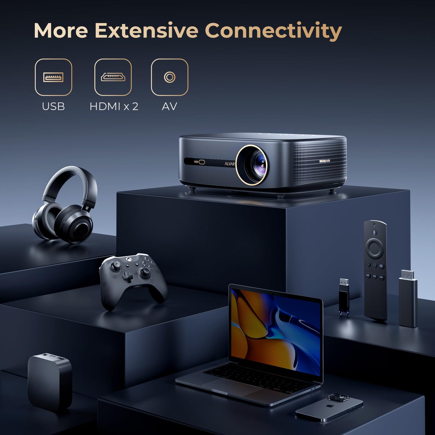 [2500 ANS ＆ 50W] Alvar Outdoor Projector 4K Support with WiFi 6 and Bluetooth, dbx-tv Sound, Built in NetfIix App & DoIby Audio Proyector, Auto Focus & Keystone Smart for Soccer Match