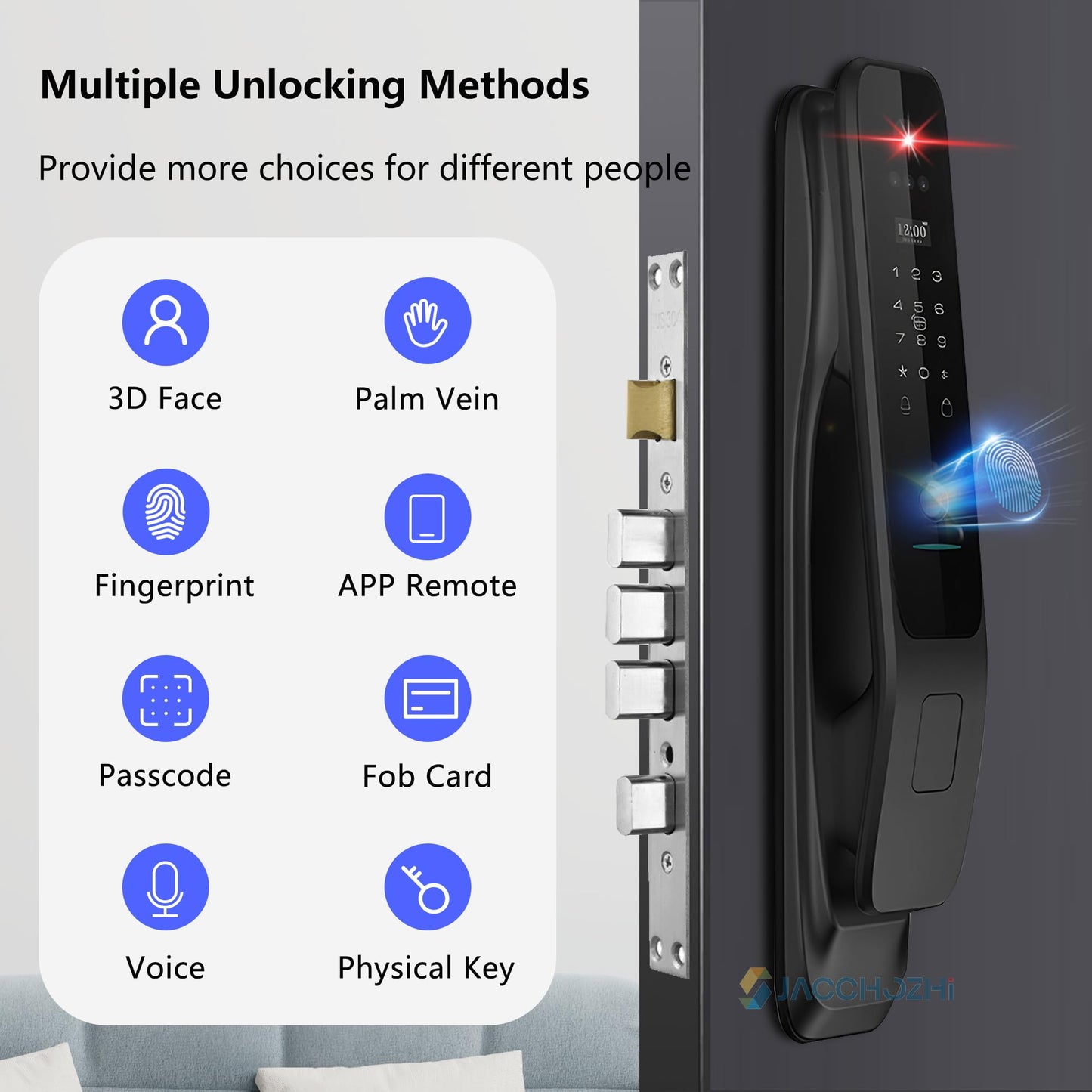 Jacchozhi 3D Face Recognition Smart Lock with Camera - Palm Vein Fingerprint Keypad Door Handle - Video Doorbell, 4" HD Screen - Keyless Entry Mortise Deadbolt for Front Door, Tuya, Waterproof